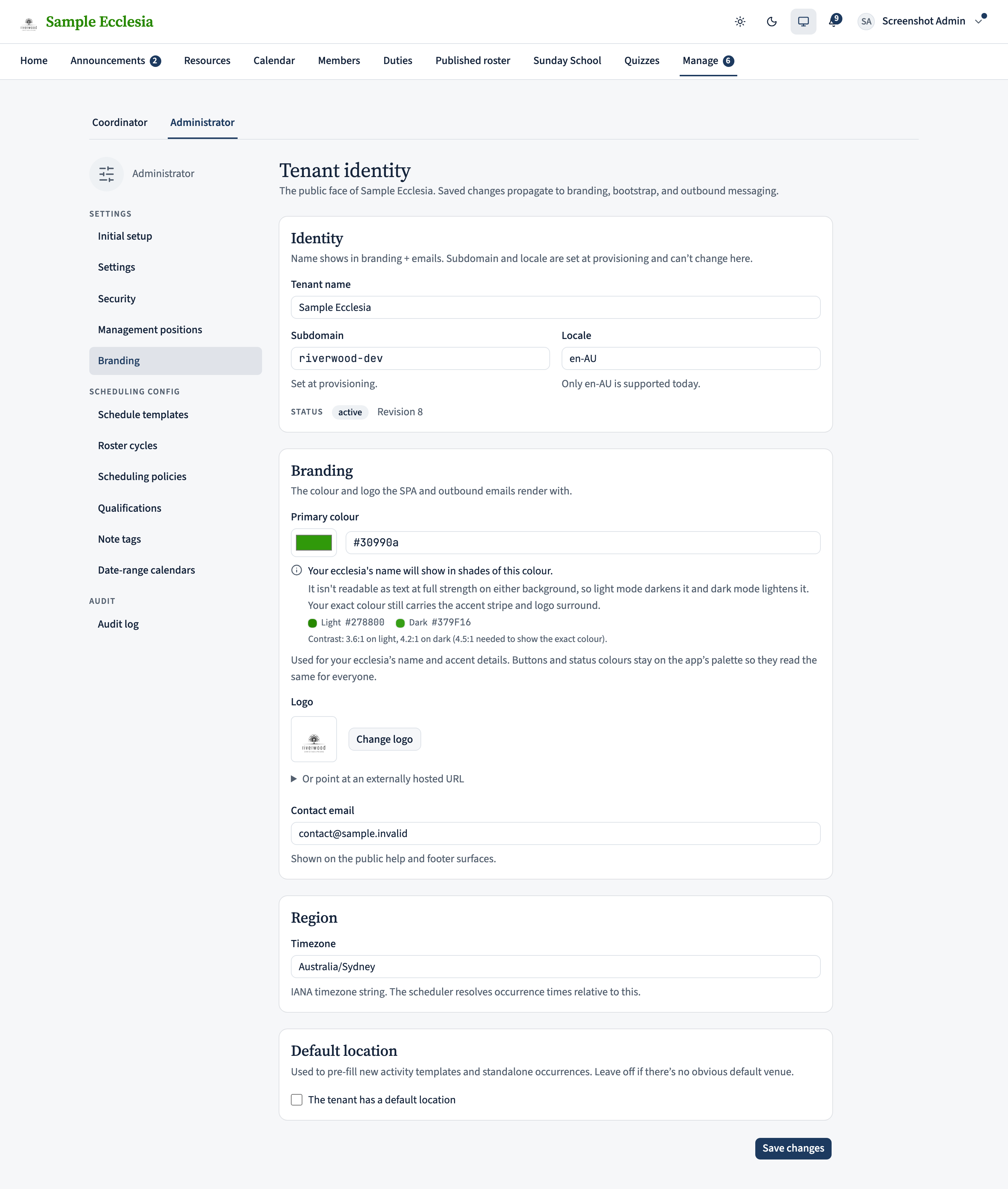 The ecclesia identity page: name, a primary-colour picker with a contrast readout and light/dark preview, timezone, contact email, and a logo uploader.