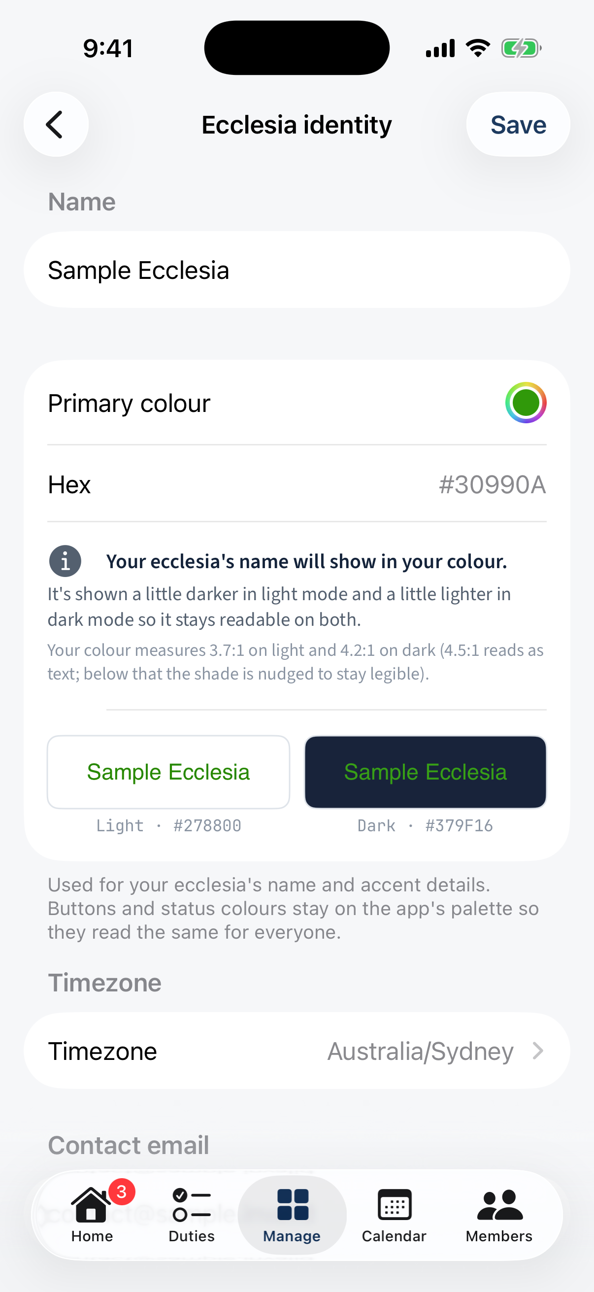 Manage → Ecclesia identity: Name, Primary colour with a contrast readout and light/dark preview, Timezone, Contact email.