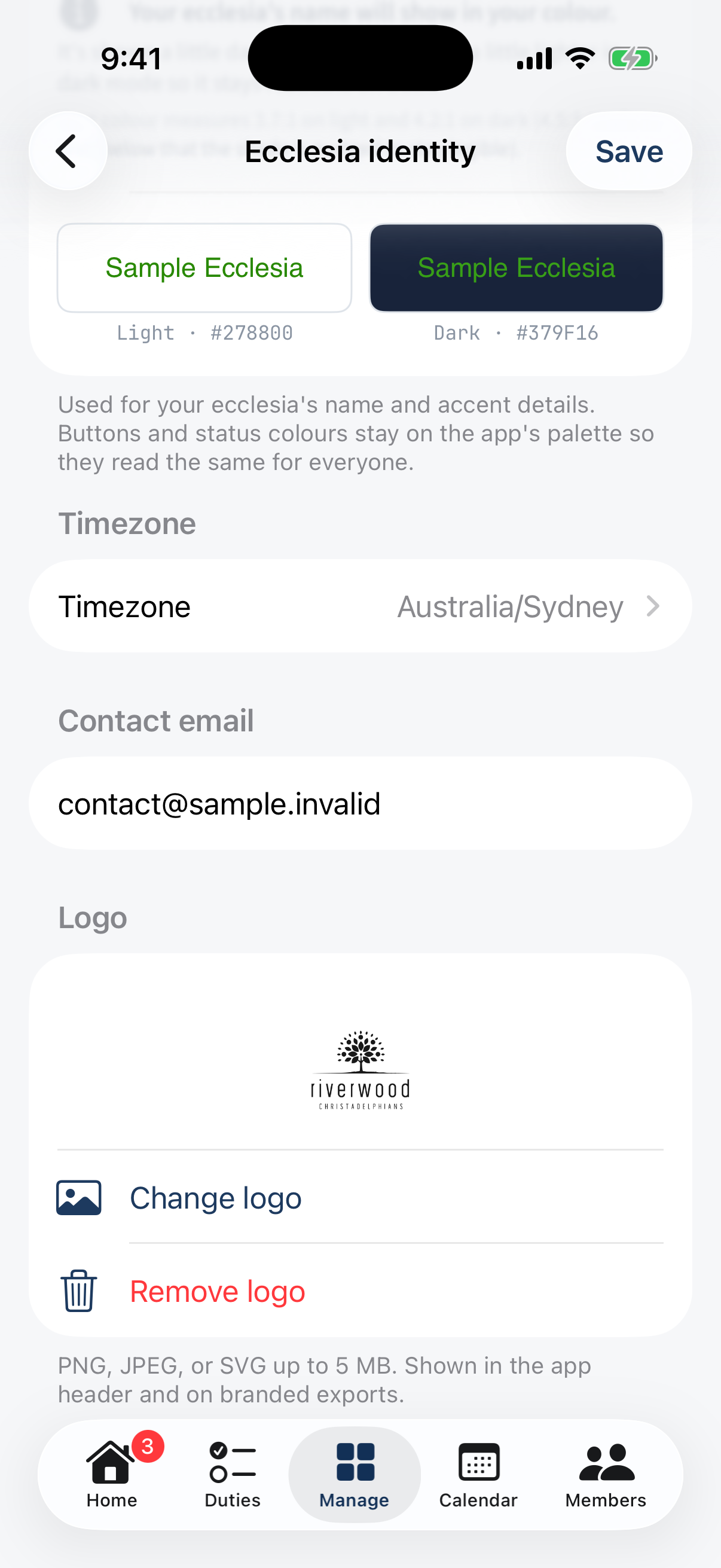 The Logo section: Change logo / Remove logo, PNG/JPEG/SVG up to 5 MB.