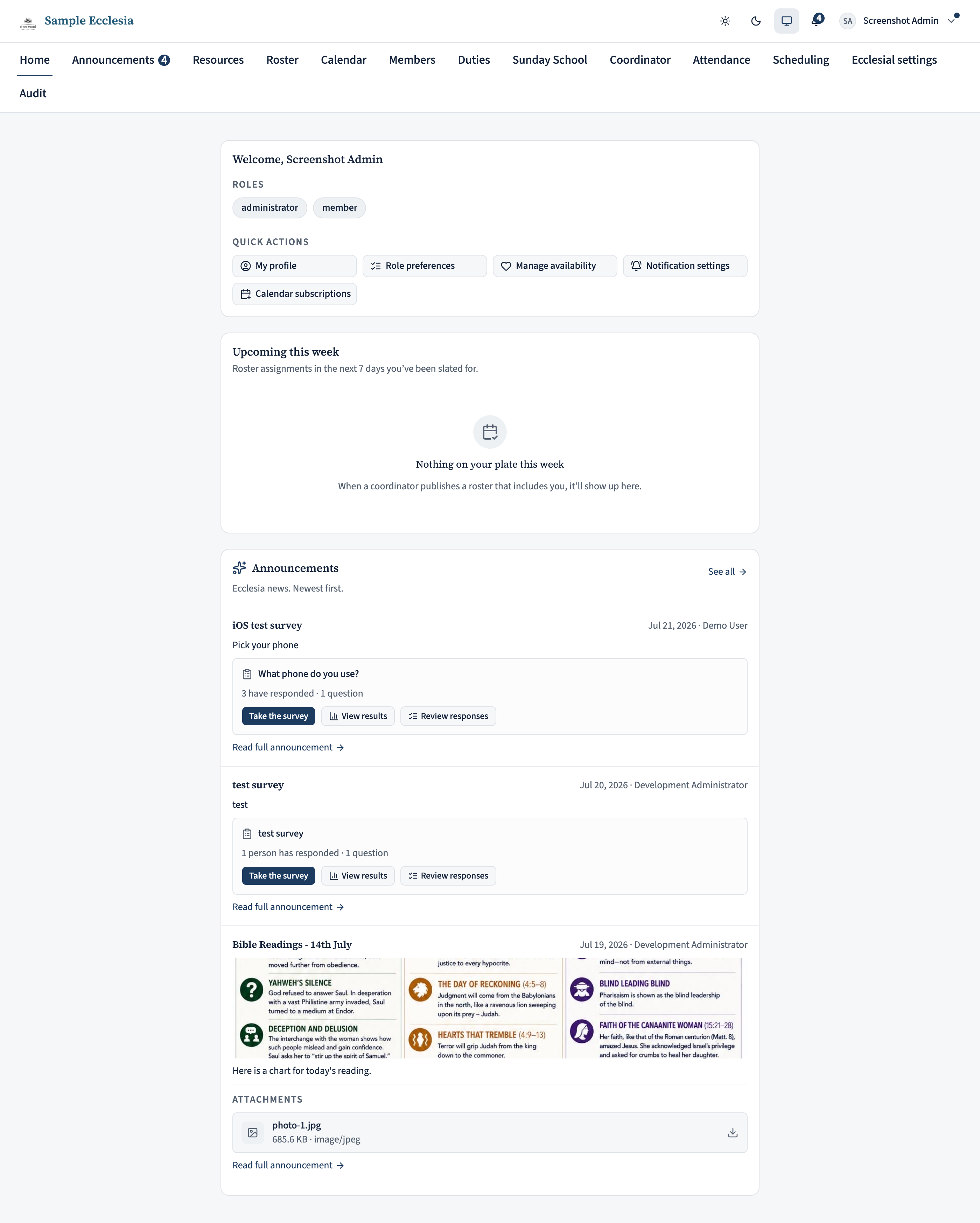 The home page for a member: a Welcome card with Quick actions, an Upcoming this week card listing the next few assignments, an Announcements card, and — when relevant — a Household invitations card.
