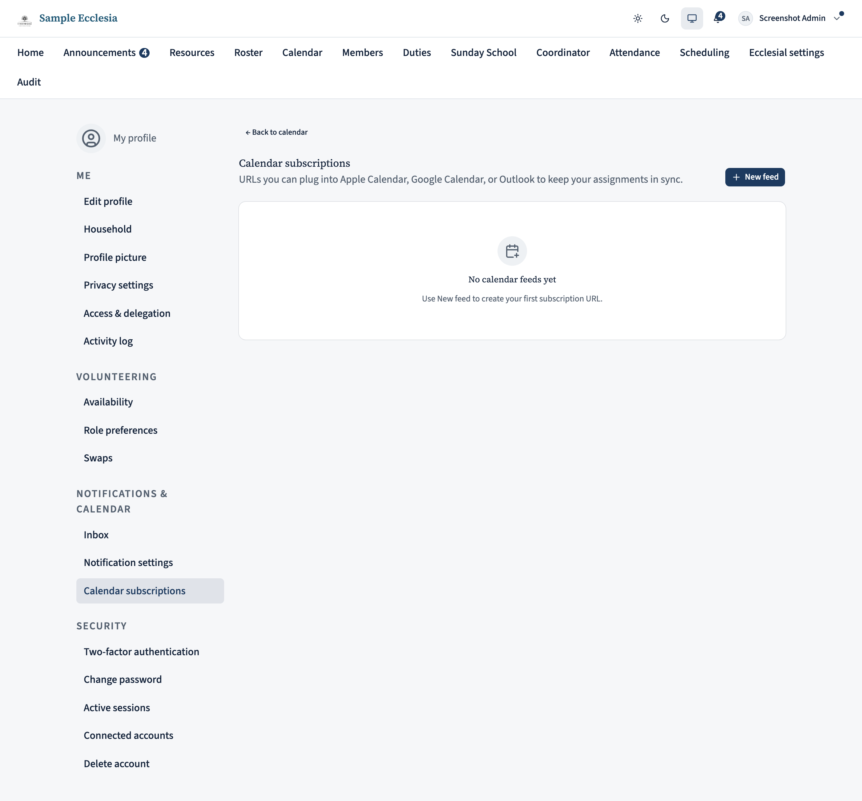 The Calendar subscriptions page with a 'Copy feed URL' button next to a personal iCal link, plus instructions for Apple, Google, and Outlook calendars.
