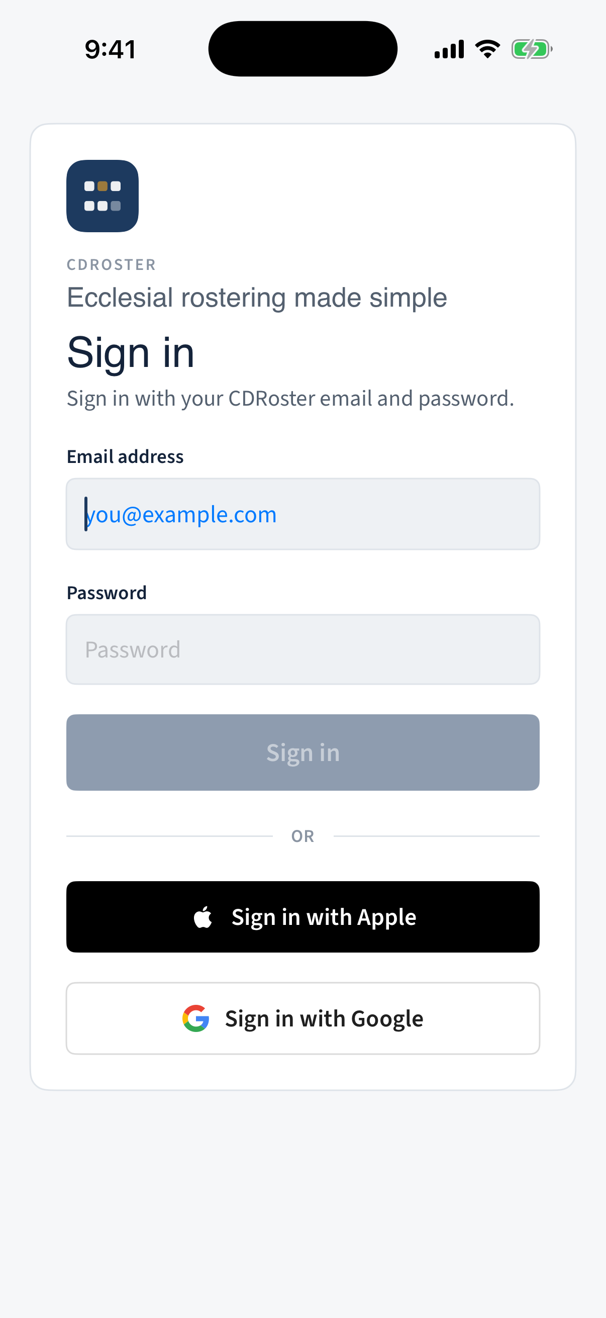 The app sign-in screen offering Face ID, Sign in with Apple, Sign in with Google, and email + password.