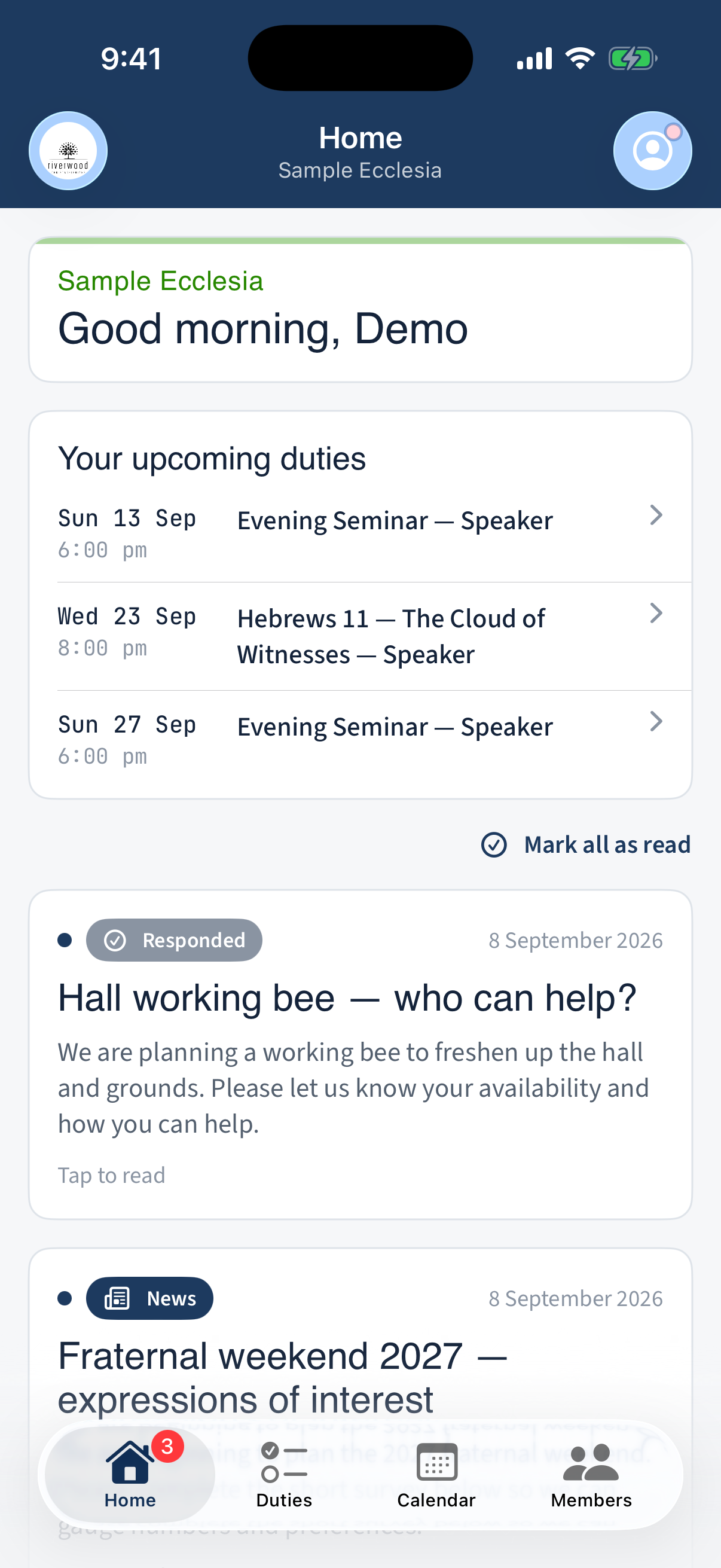 The app's Home feed with anything needing the member at the top, then announcements.