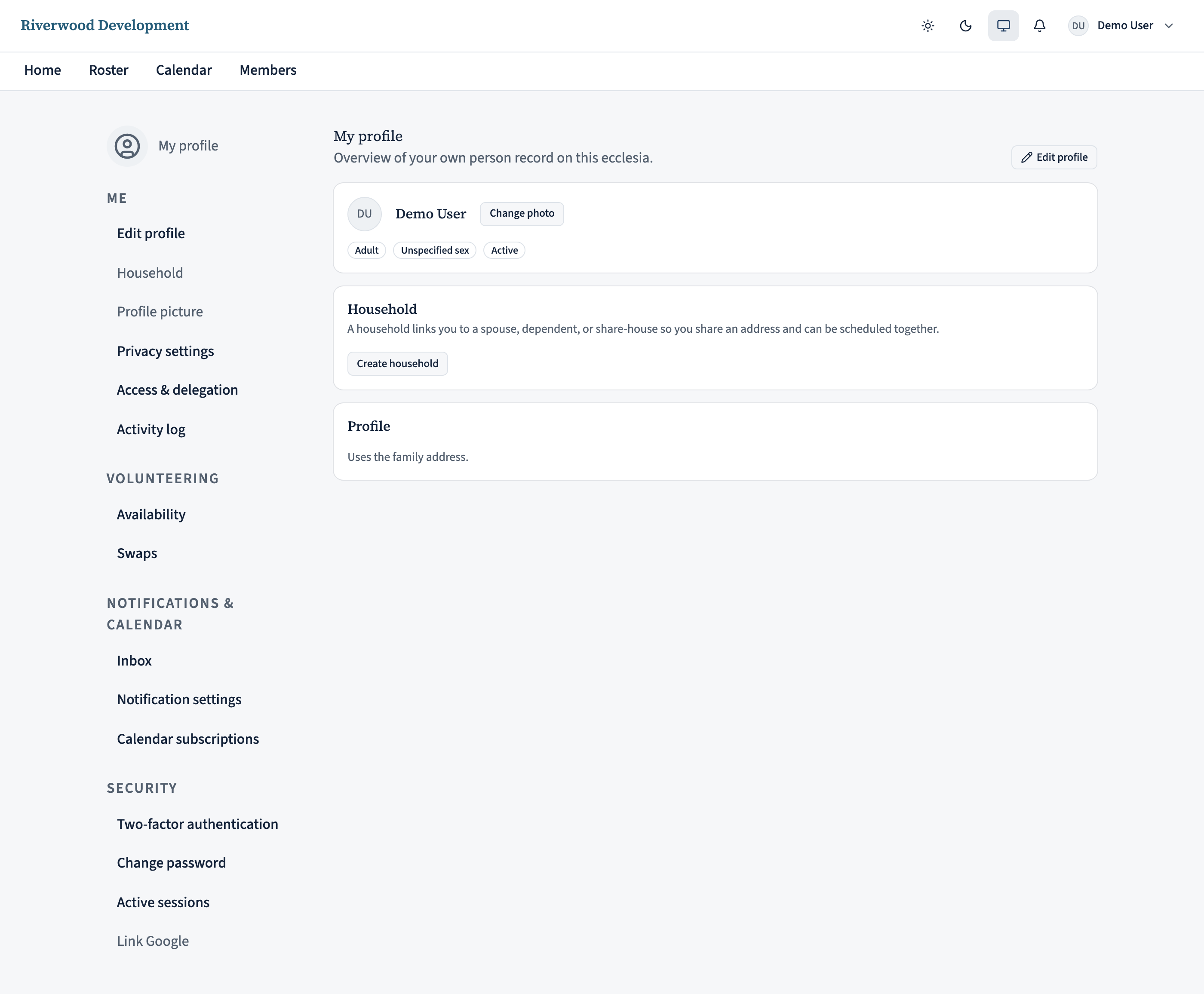 The My profile sidebar with a Household item highlighted. The Household page on the right shows a Create household card with a Family name input labelled 'Ward family' and a Create button.
