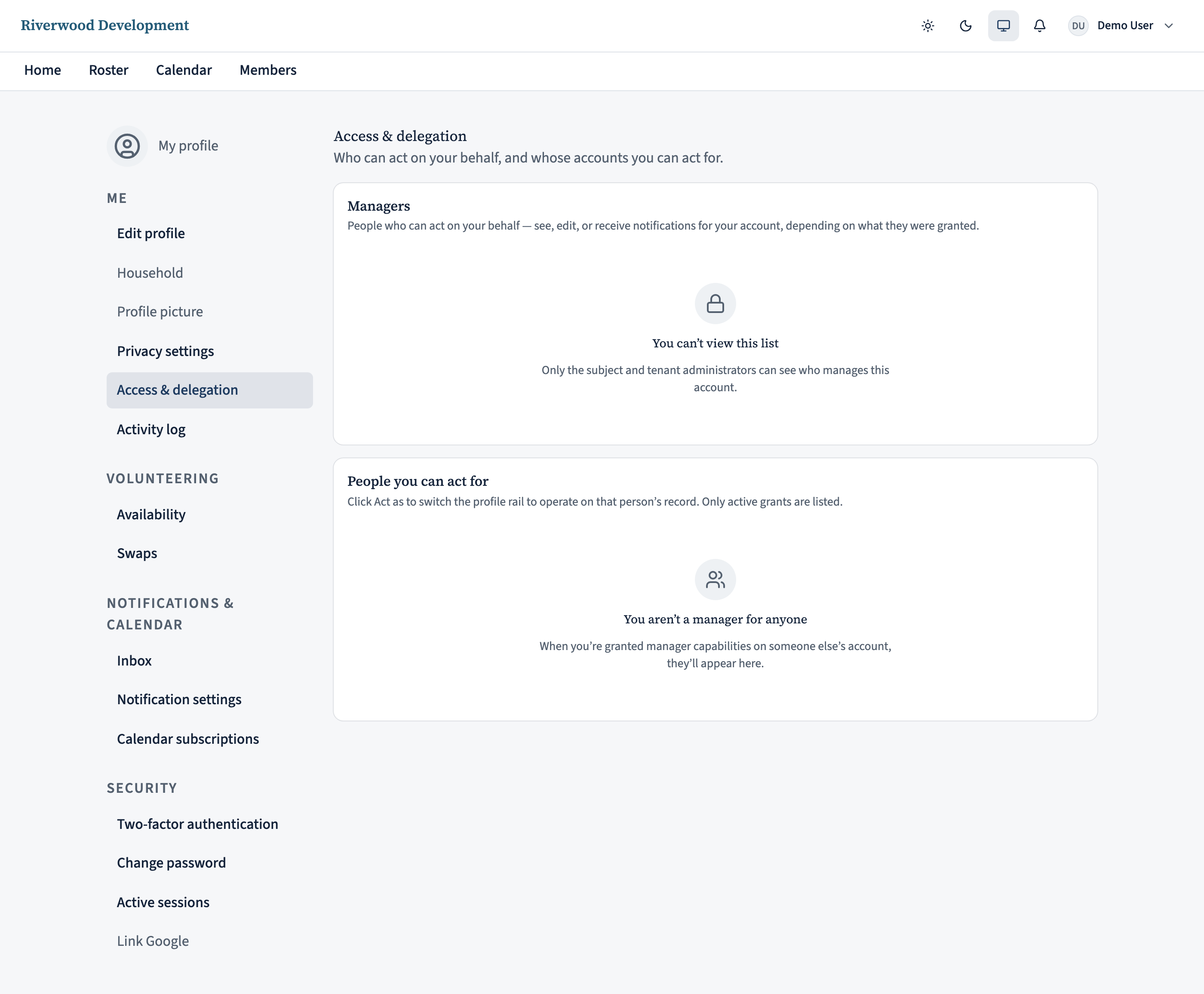 The Access and delegation page in My profile showing a Managers card. One row lists an existing manager with their display name and a Revoke button. An 'Add manager' button opens a dialog with a person picker.