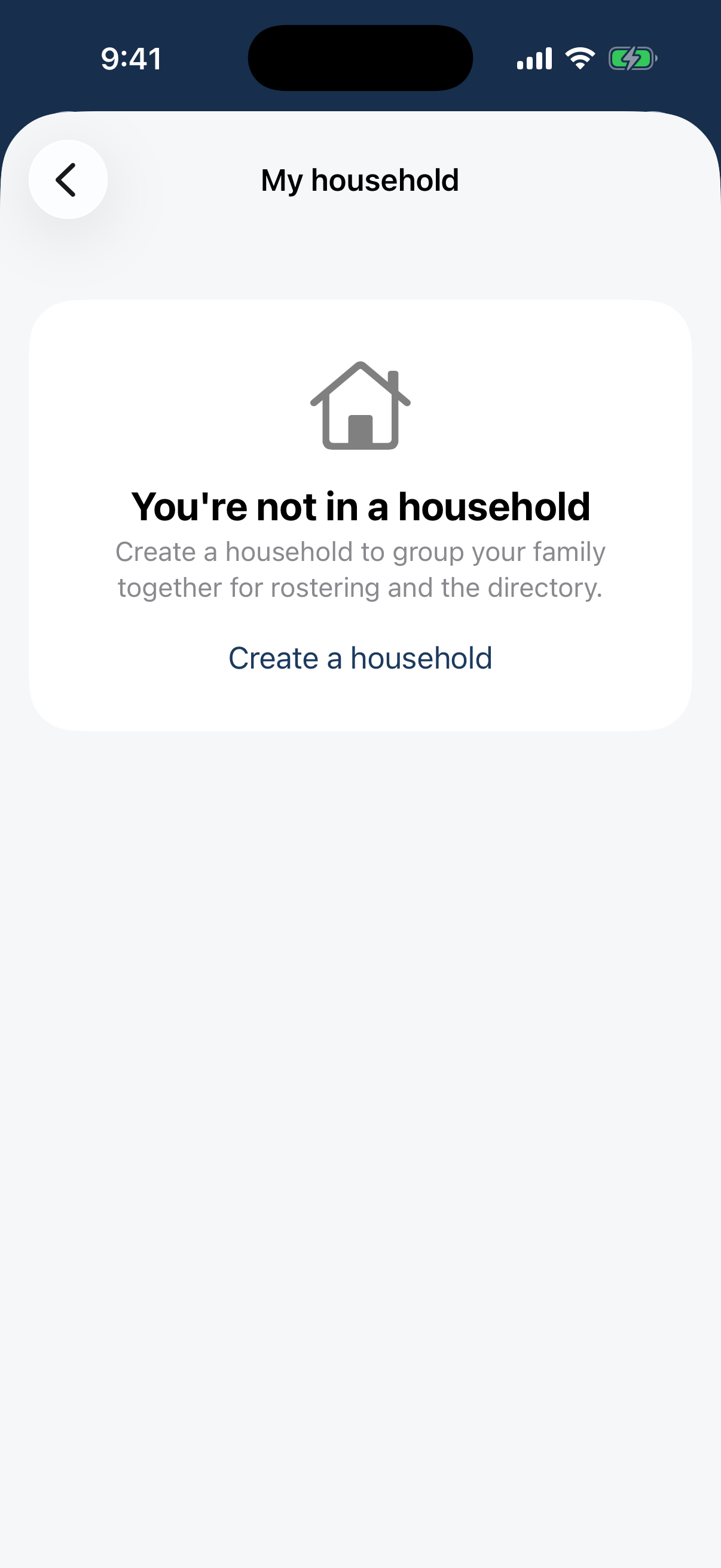 Profile → My household: an empty state with Create a household.