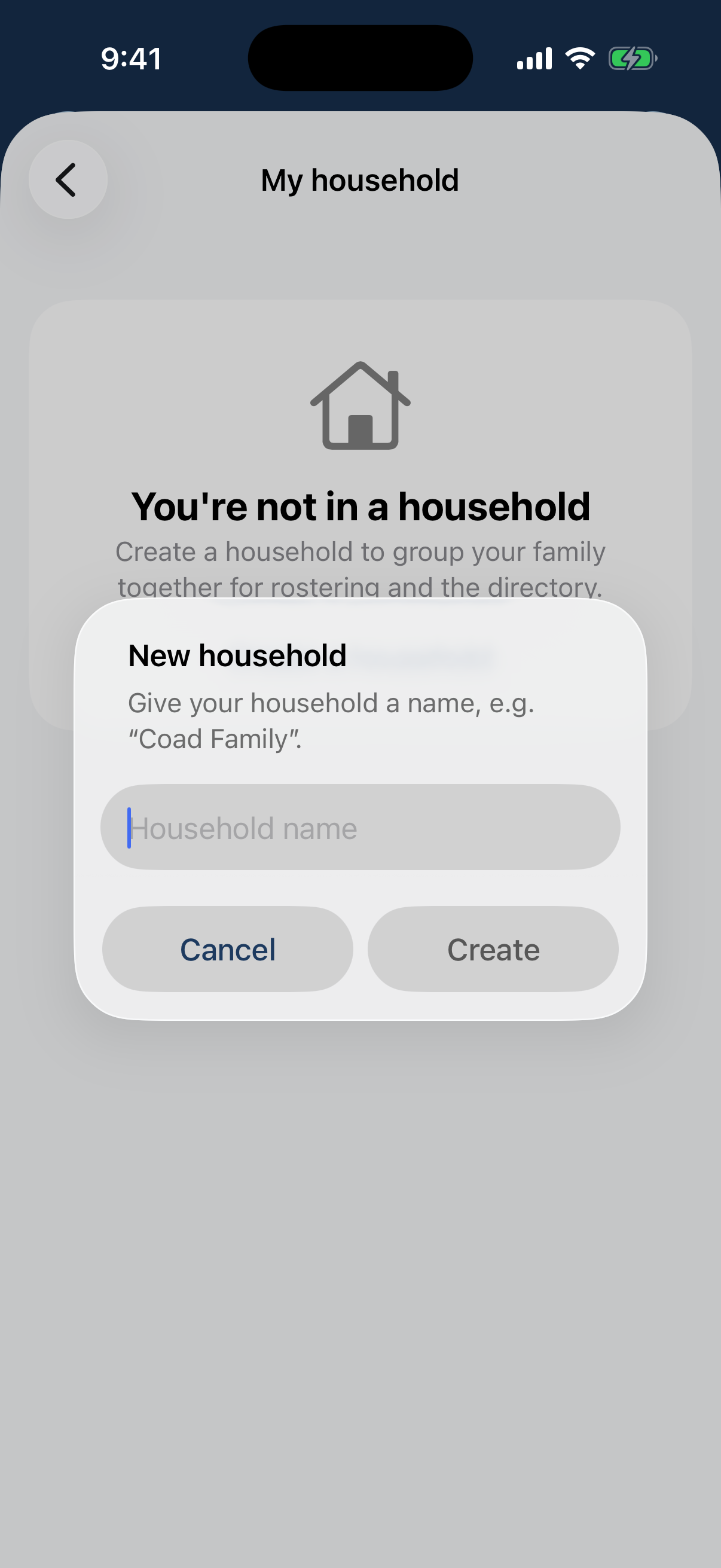 The New household name dialog with Cancel / Create.