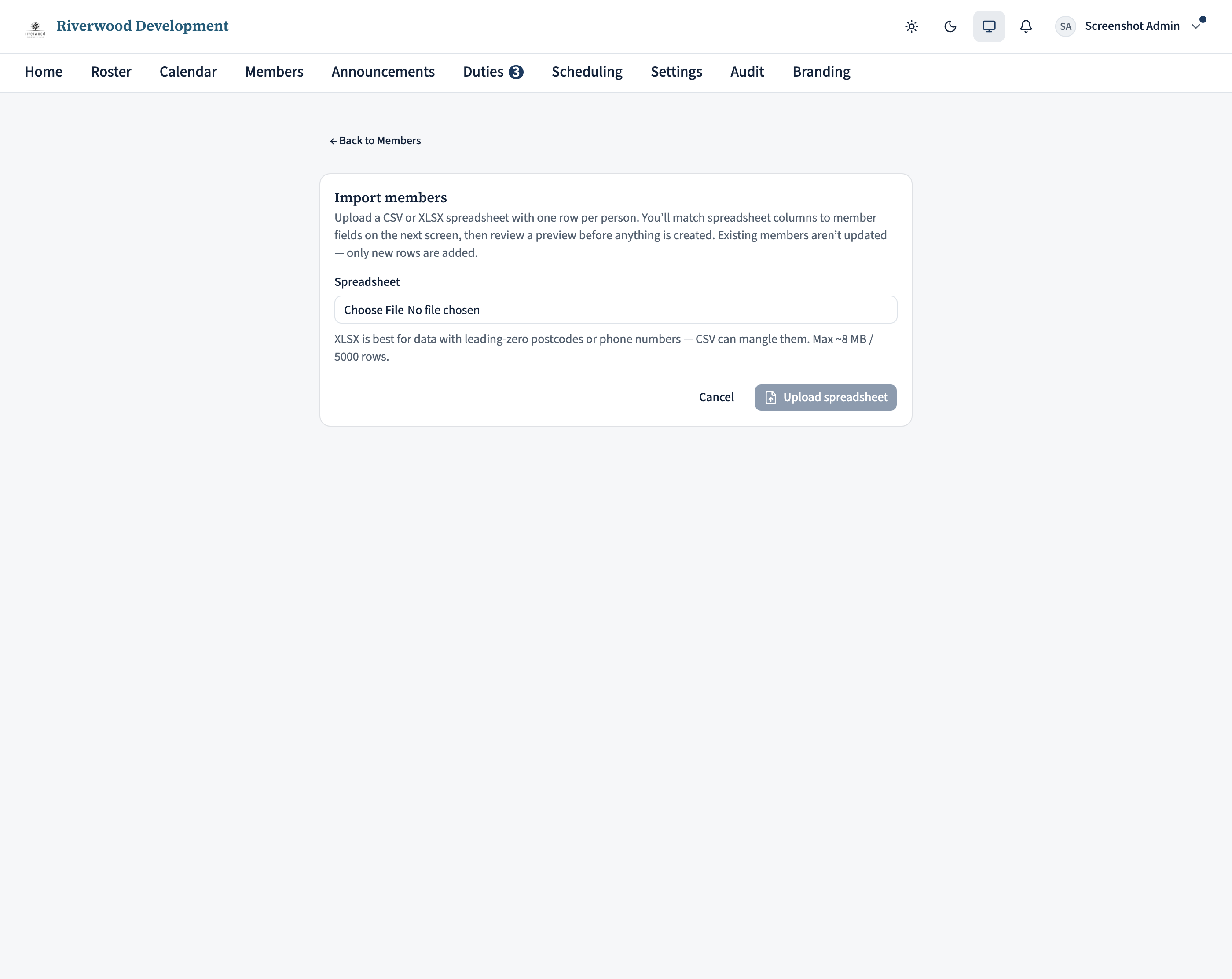 The Import members page. A large drop-zone in the middle labelled 'Drop a CSV or Excel file here, or click to browse'. Below it a small explanatory paragraph about the flow and a primary Upload button (disabled until a file is chosen).