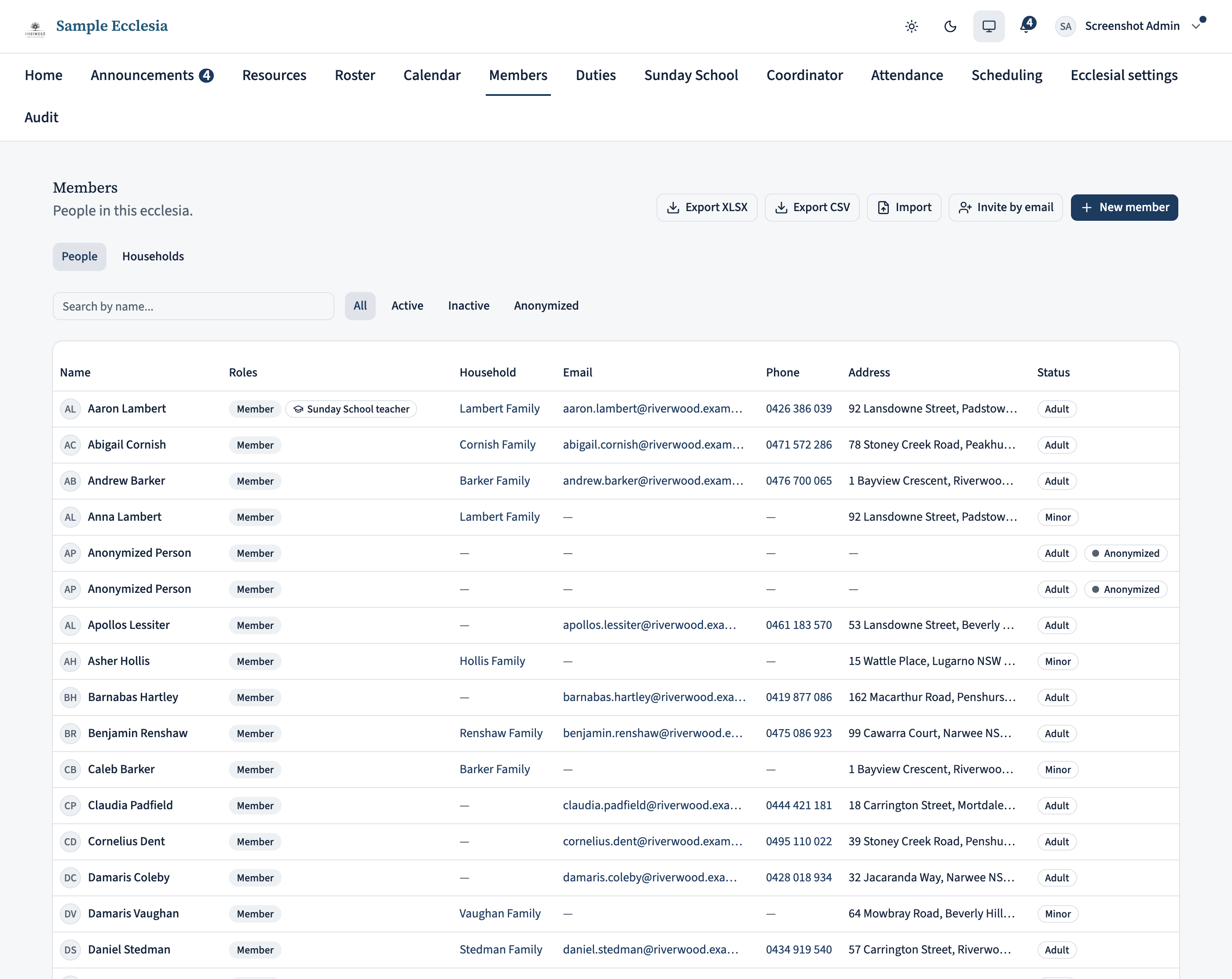 The Members list showing the imported members, each row carrying the display name from the spreadsheet and its age-status/lifecycle badges. Opening a member's profile reveals an 'Invite to create account' action to email them an activation link.
