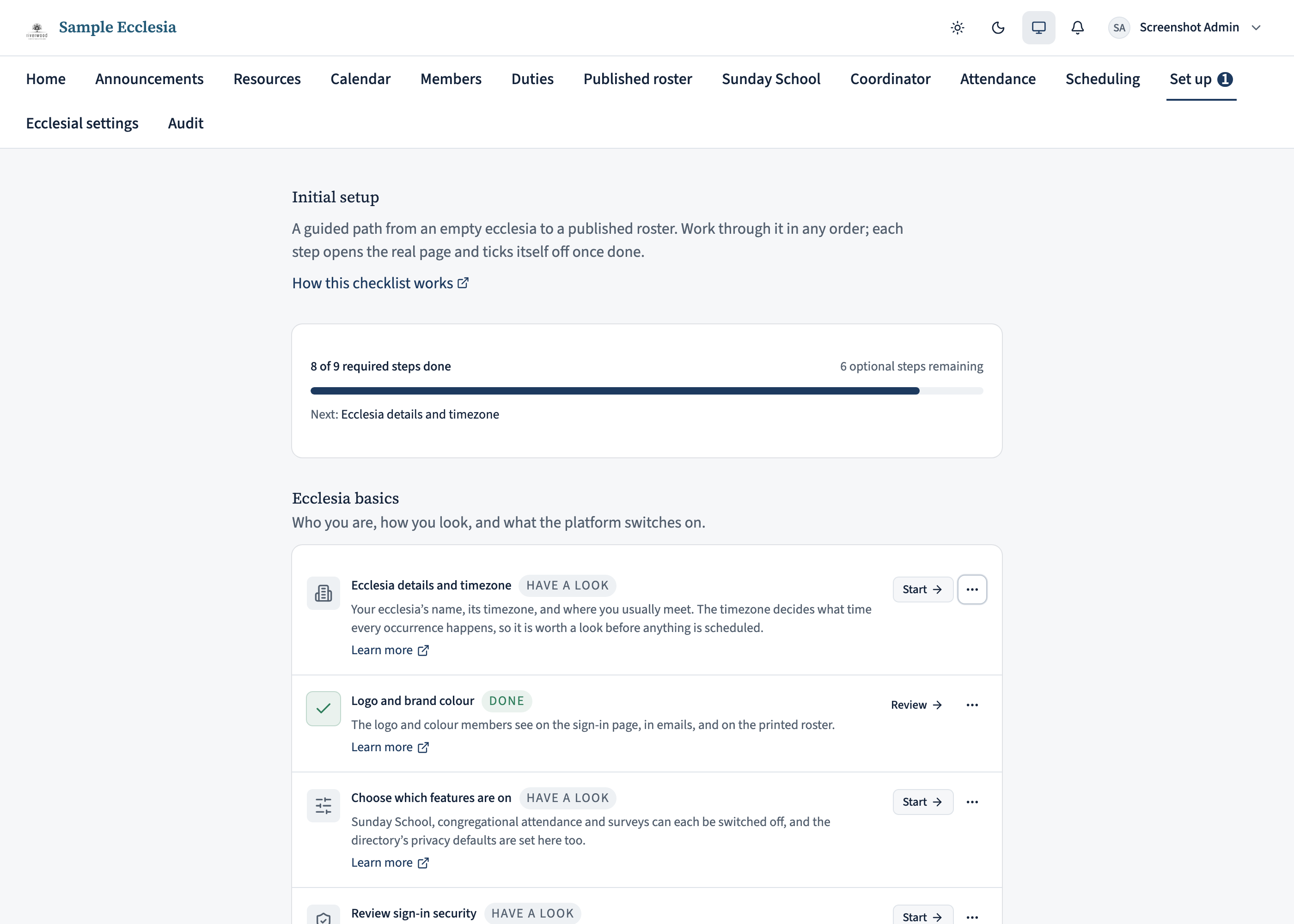 The Initial setup page reading 8 of 9 required steps done and 6 optional steps remaining, naming the next step underneath, with the Ecclesia basics phase below showing one step marked Done and three marked Have a look.