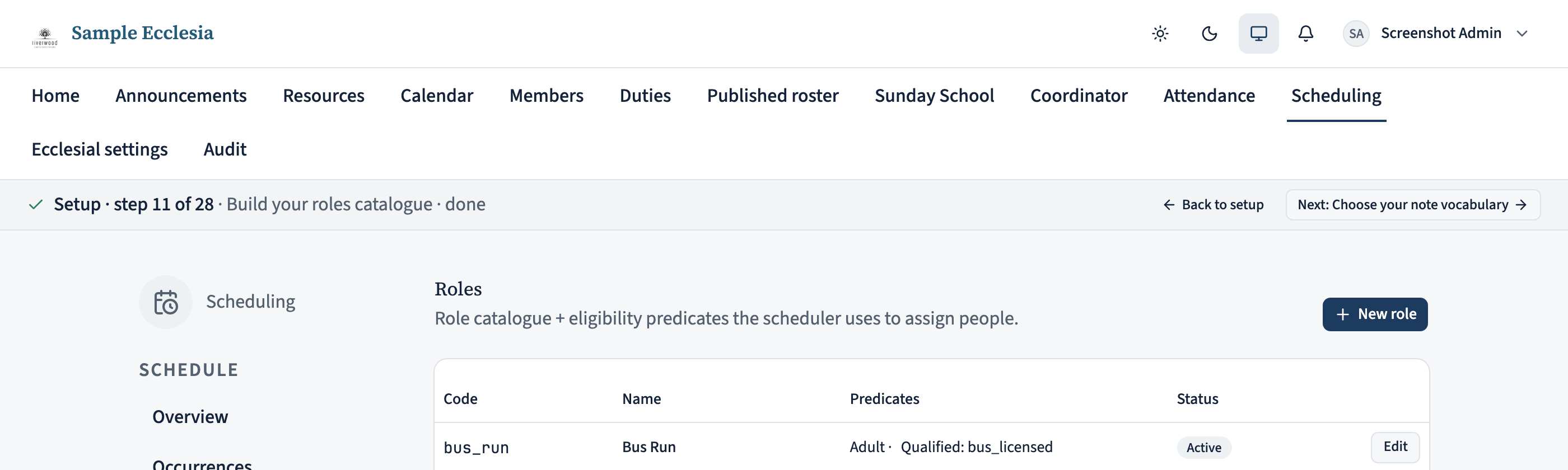 The Roles page with a slim bar above the content reading Setup, step 11 of 28, Build your roles catalogue, done, with Back to setup and a Next button naming the following step.