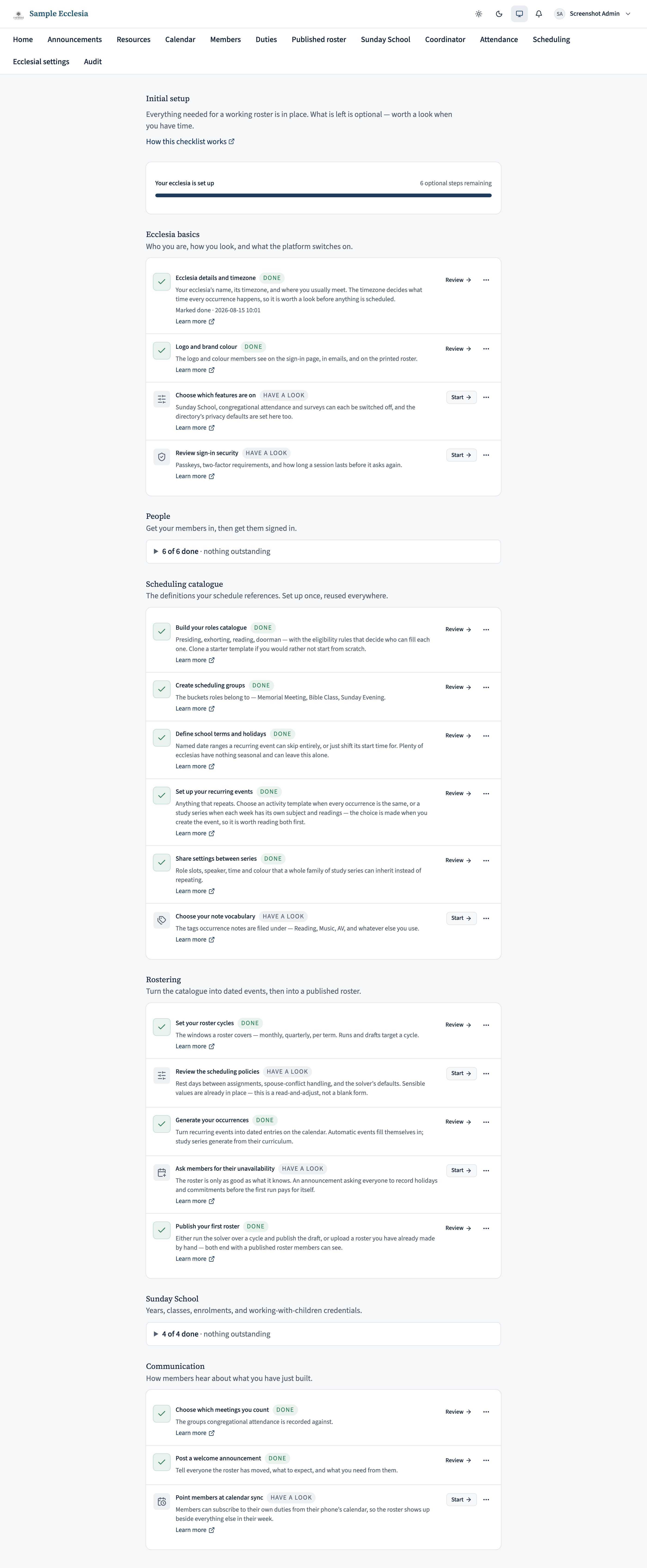 The Initial setup page after completion, with finished phases collapsed to summary rows and the remaining optional steps listed.