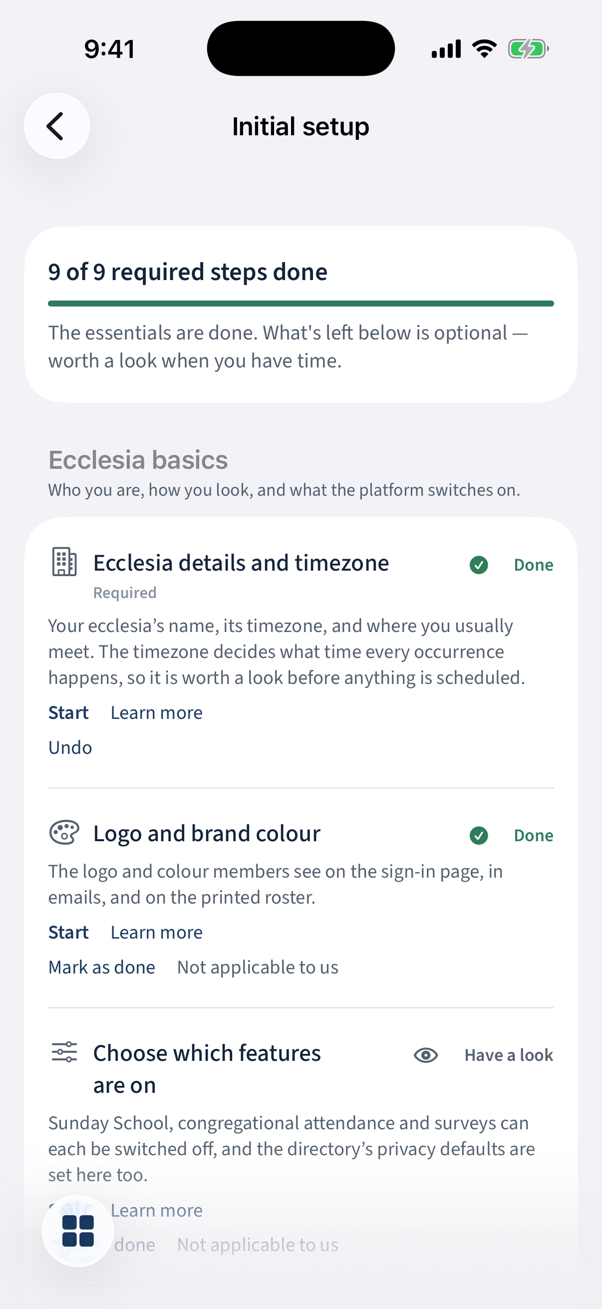 Manage → Initial setup: a “9 of 9 required steps done” checklist grouped into stages, with the Ecclesia basics stage.