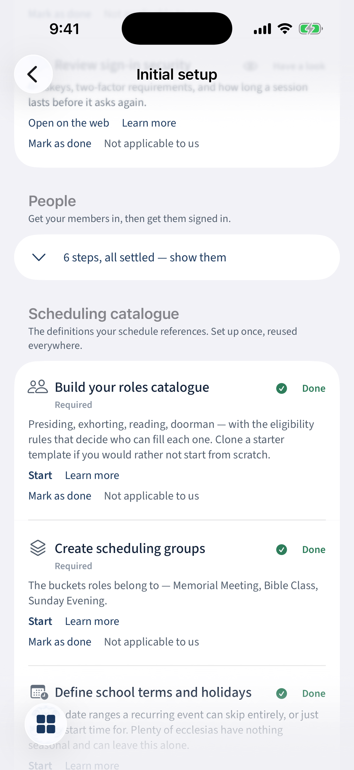 The People and Scheduling catalogue stages of the checklist.