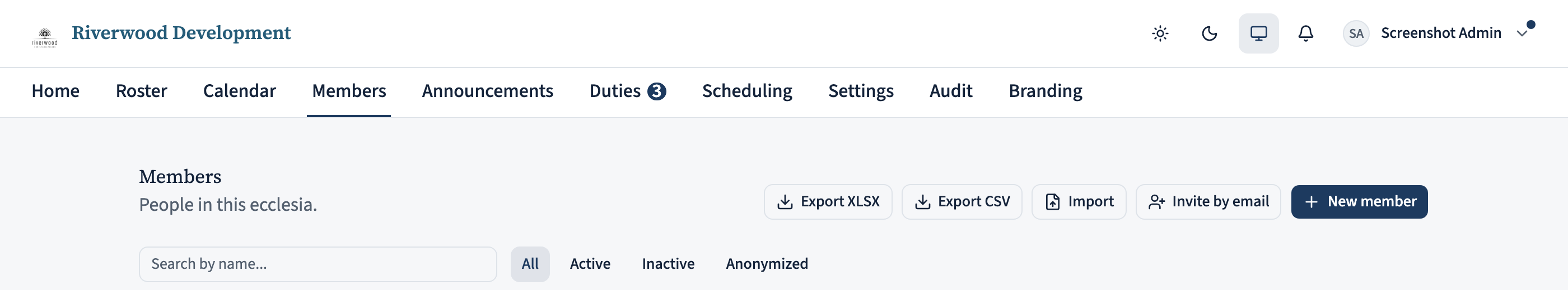 Members page header. The heading reads 'Members' with the subtitle 'People in this ecclesia.' On the right side of the header are three buttons: Invite by email (outline), New member (primary), and (for admins) Export XLSX, Export CSV, and Import.