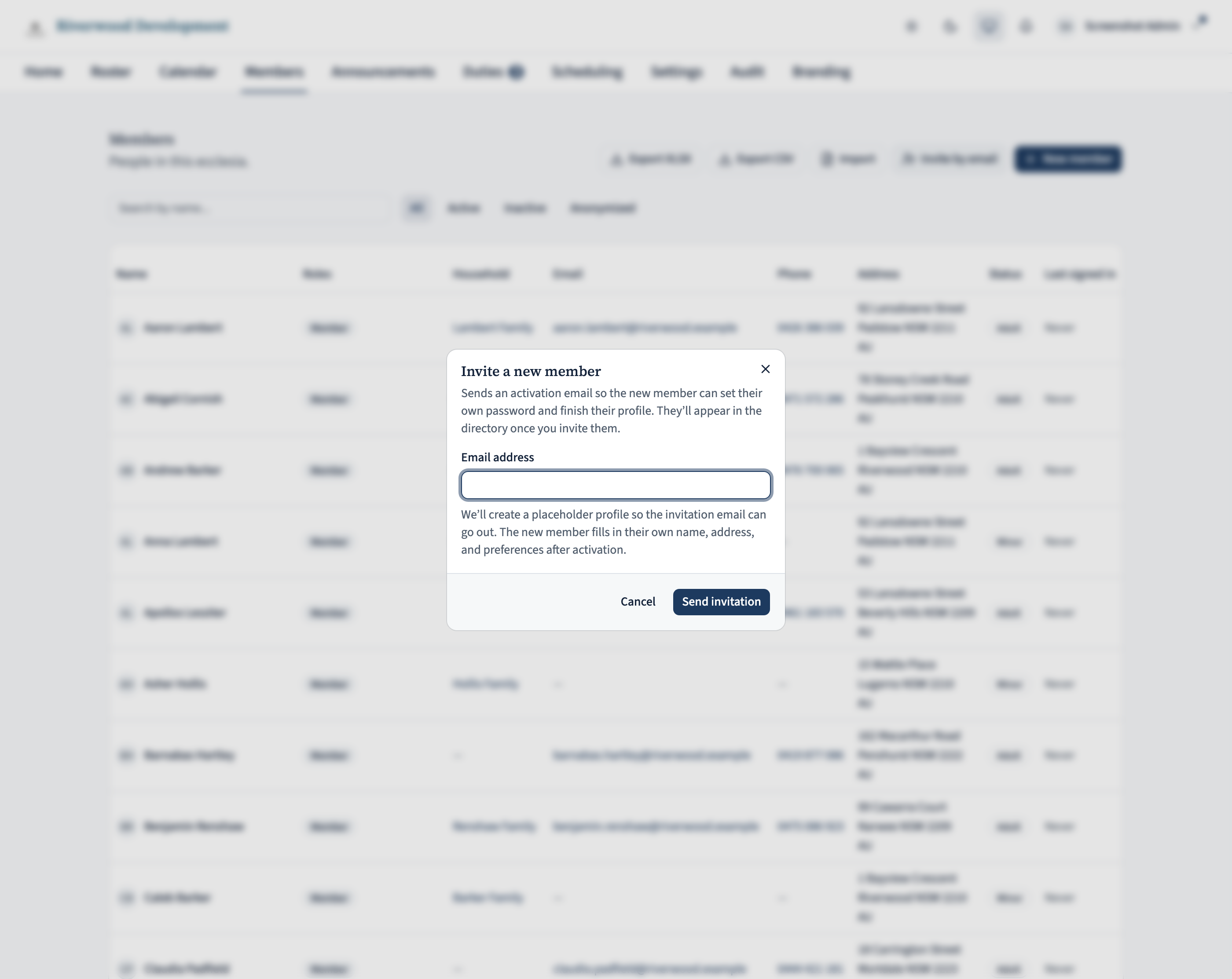 A modal dialog titled 'Invite a new member'. Under the description 'Sends an activation email so the new member can set their own password and finish their profile' there is a single Email address input field, plus Cancel and Send invitation buttons at the bottom.