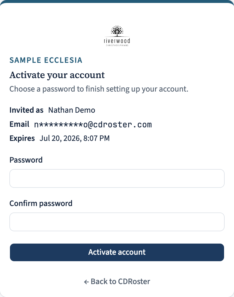 Activation landing page. A centered card carries the ecclesia brandmark and name, the heading 'Activate your account', and the line 'Choose a password to finish setting up your account.' Below that an Invited as / Email / Expires summary, then a Password field, a Confirm password field, and a primary 'Activate account' button. A 'Back to CDRoster' link sits under the card.