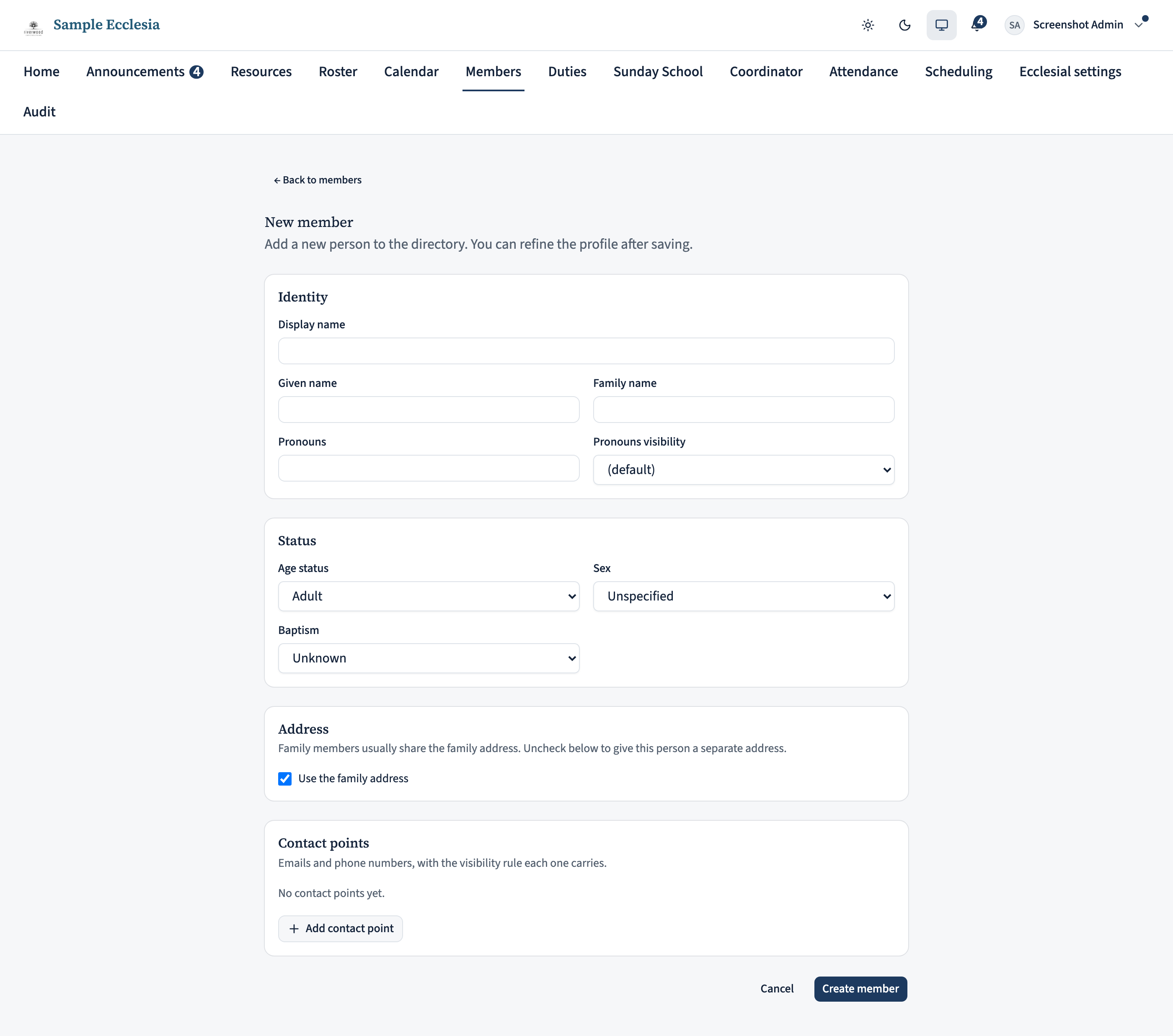 The New member page. A form with cards for Identity (Display name, Given name, Family name), Status (Age status, Sex, and Baptism status selects), Address, and Contact points (Email + Phone inputs with visibility dropdowns). A Save button in the footer.
