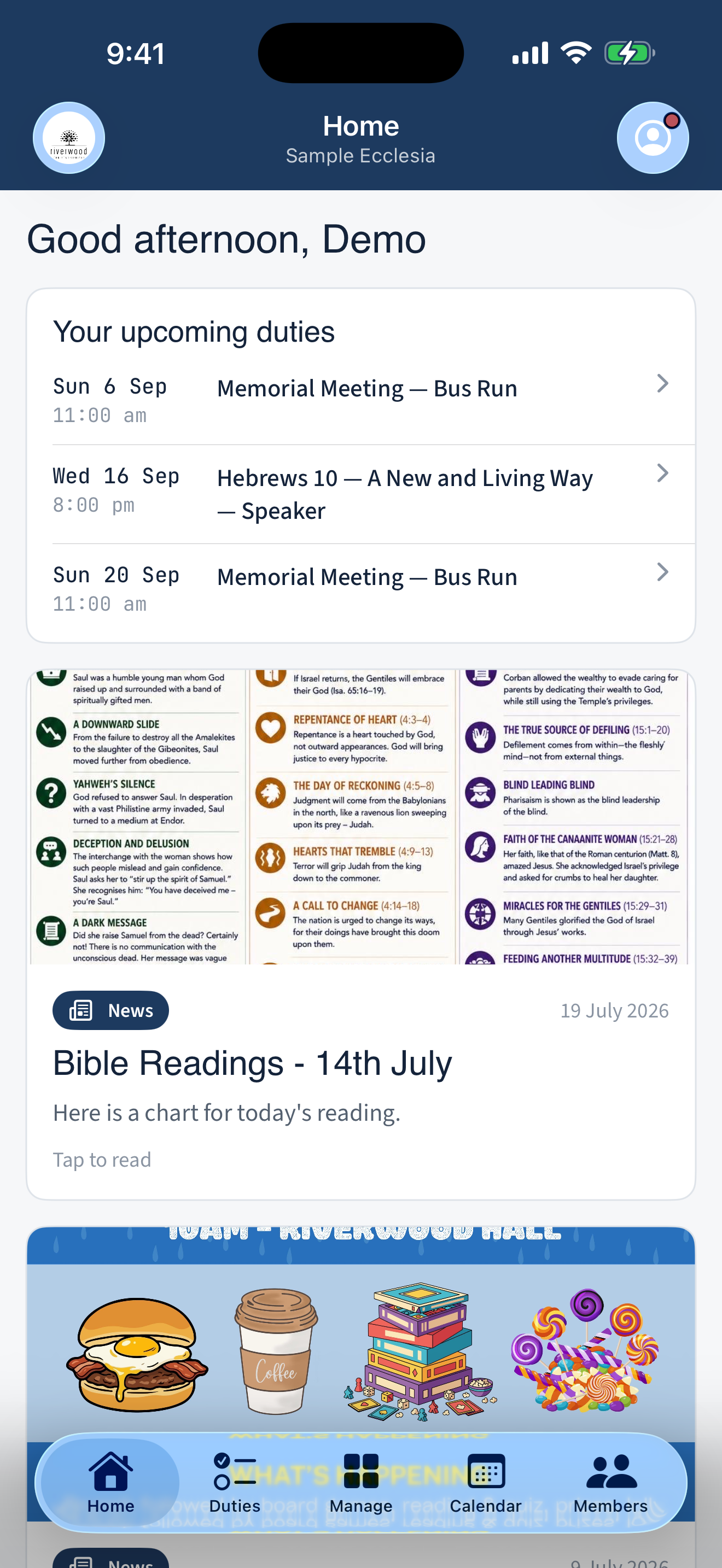 The iPhone app's bottom tab bar showing Home, Duties, Calendar, and Members, with a Manage tab visible for a coordinator.