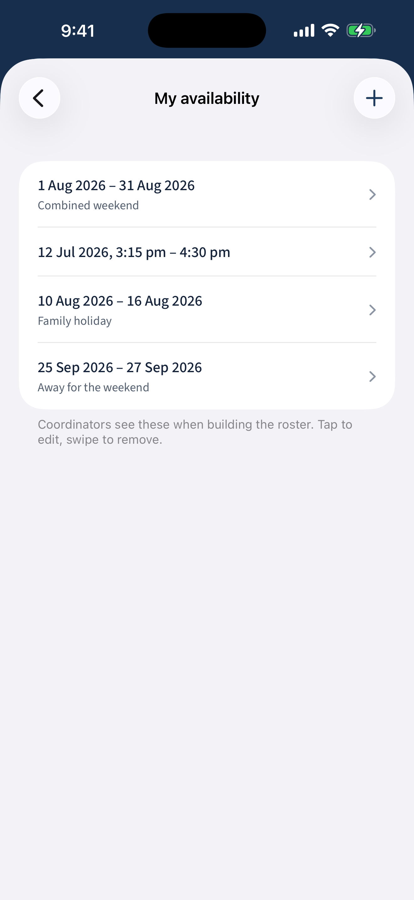 The My availability screen in the iPhone app, reached from the top-right Profile icon, with dates marked as unavailable.