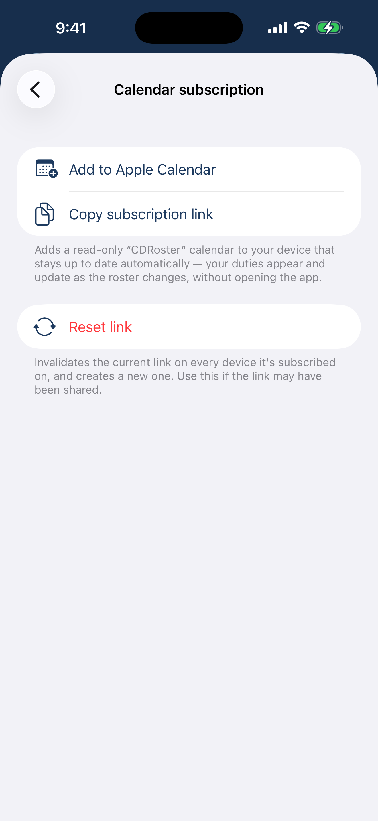The Calendar subscription screen in the iPhone app with a Subscribe button that adds the ecclesia's meetings to the iOS Calendar app.