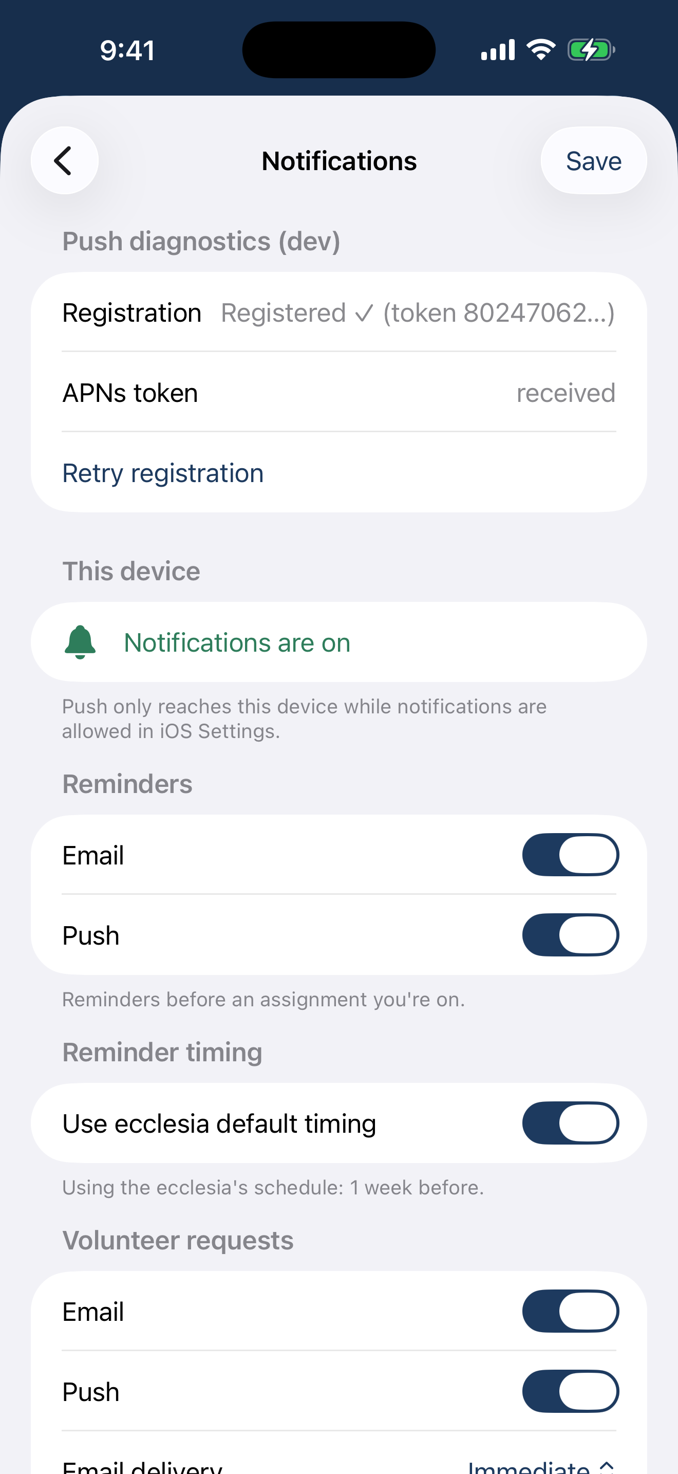 The Notification settings screen in the iPhone app, where each kind of notification — duty reminders, roster publications, and news — can be turned on or off.
