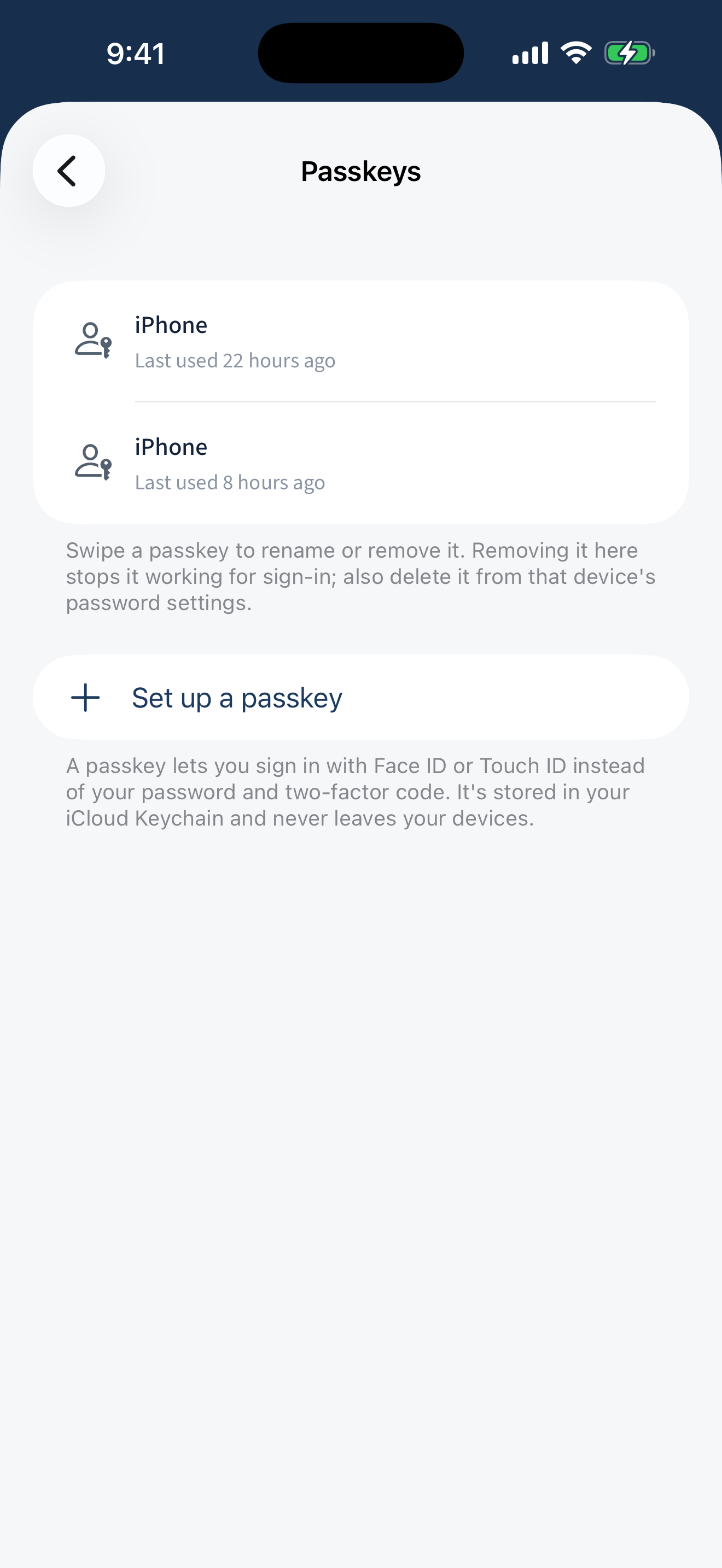 The Passkeys screen in the iPhone app listing two registered passkeys with a 'Set up a passkey' button.