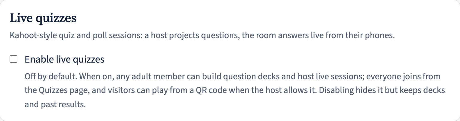 The Live quizzes card on the tenant settings page with its enable checkbox.