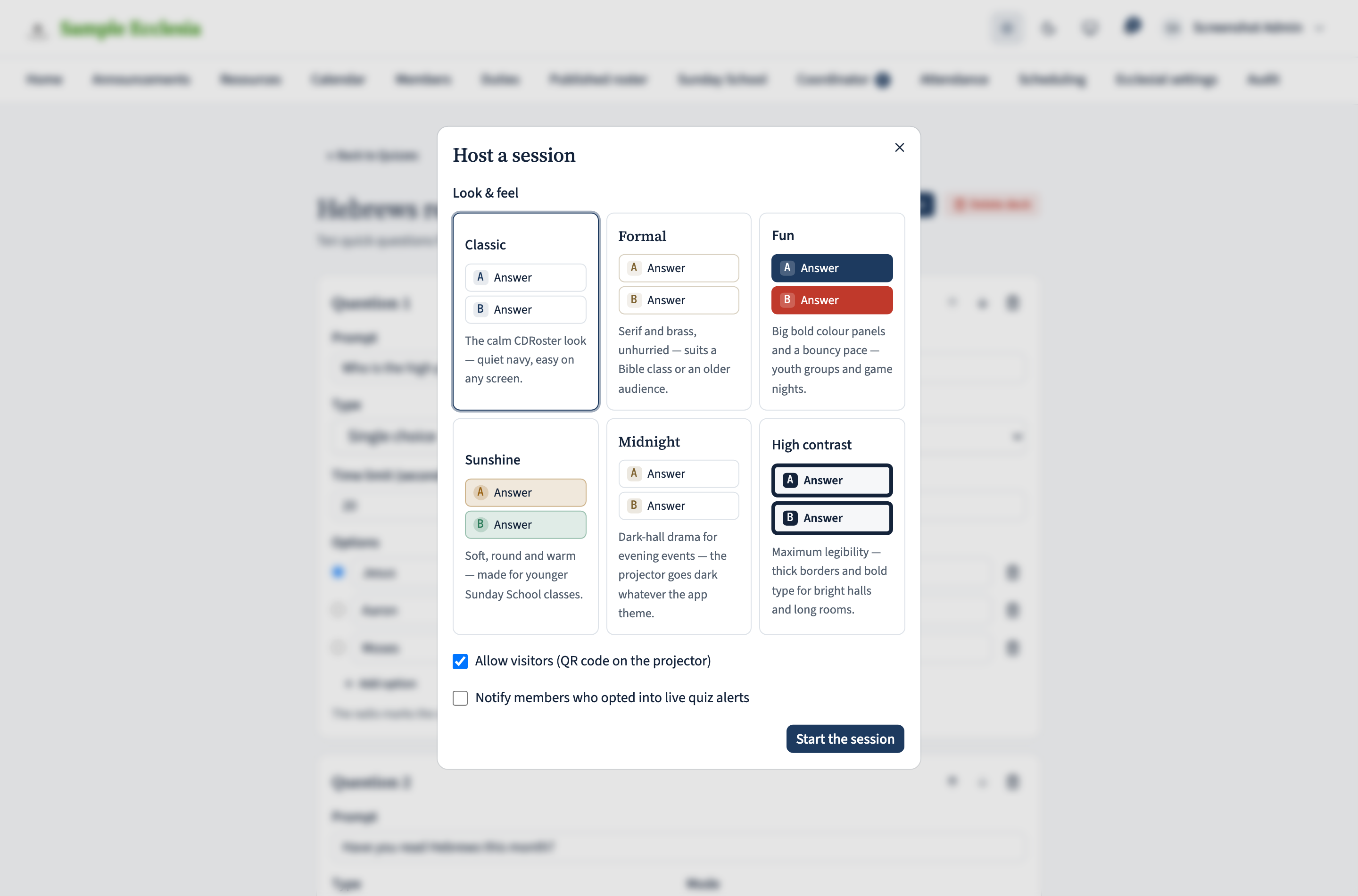 The Host a session dialog: six theme previews (classic, formal, fun, sunshine, midnight, high contrast), an allow-visitors toggle, and a notify-members toggle.
