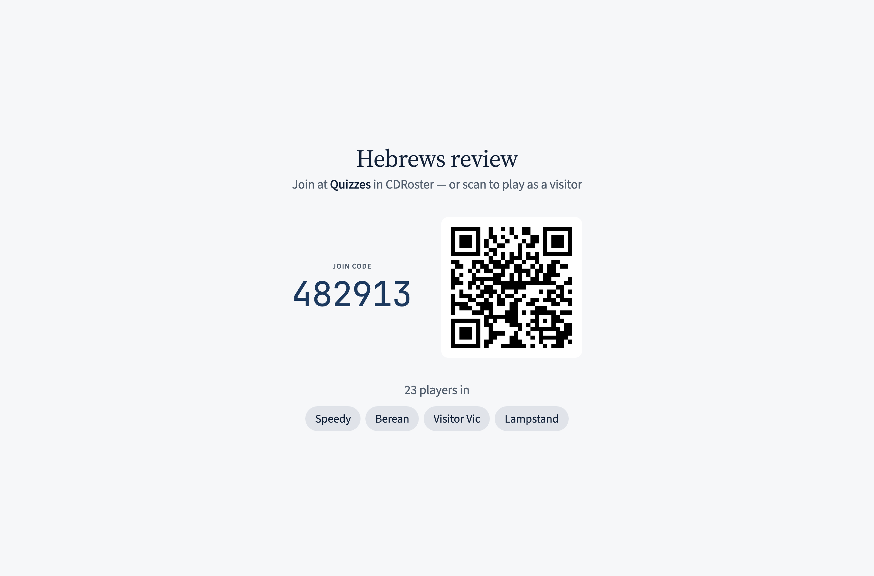 The projector lobby: giant join code, QR code for visitors, and joined nicknames.