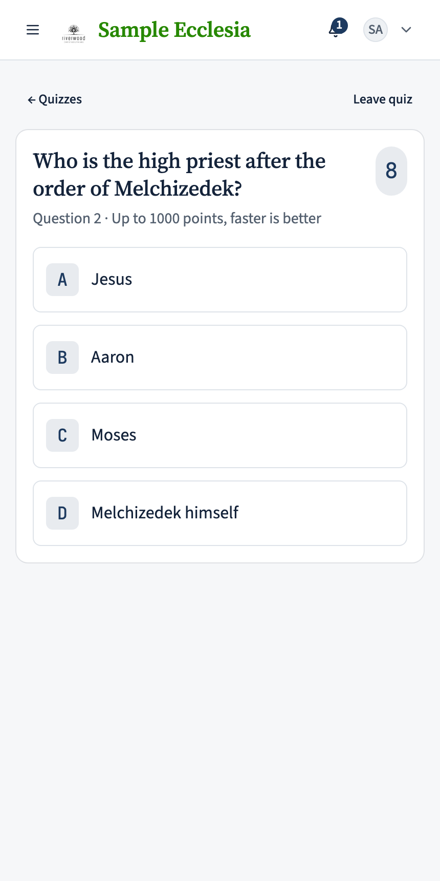 The member play screen on a phone: the question, four answer panels, and the countdown.