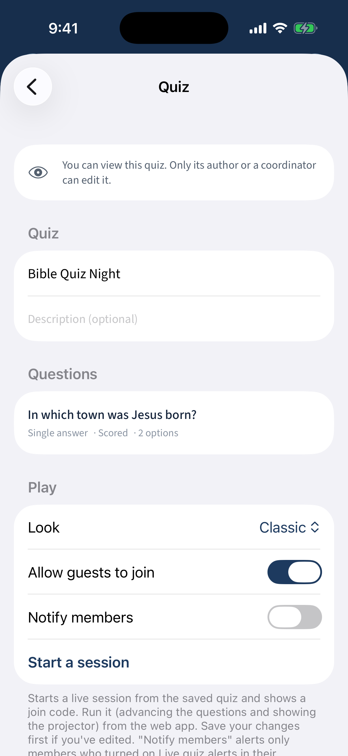 A quiz detail: a view-only banner, the question summary, and a Play section with Start a session.