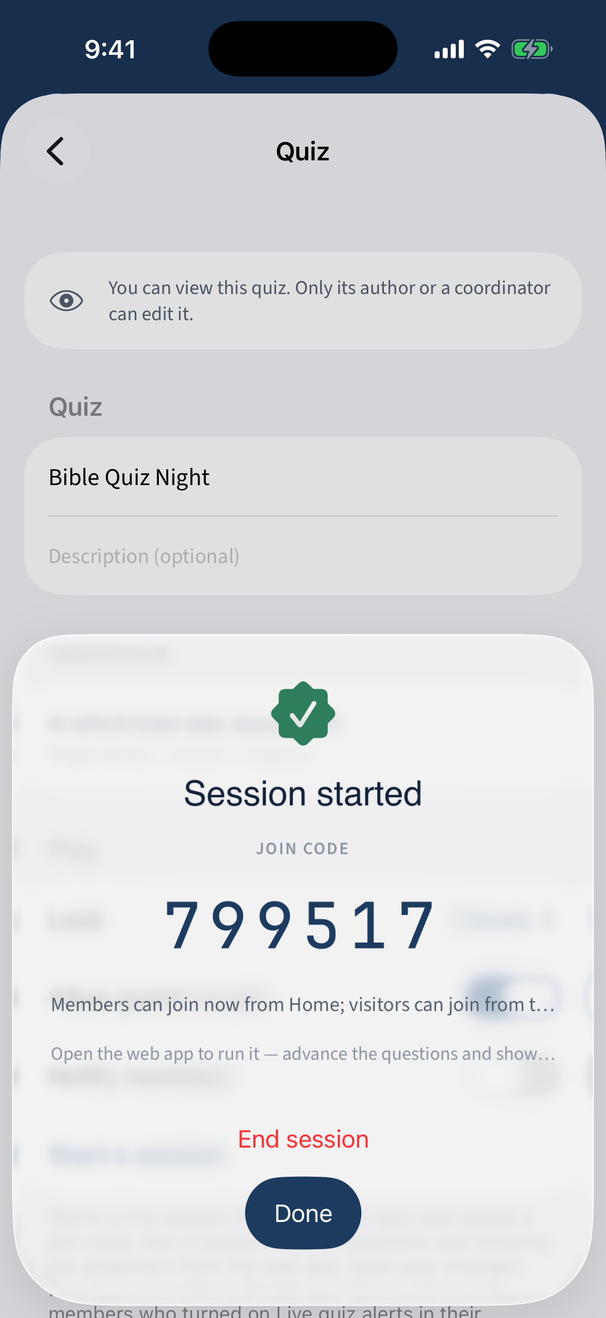 Session started with a big JOIN CODE.