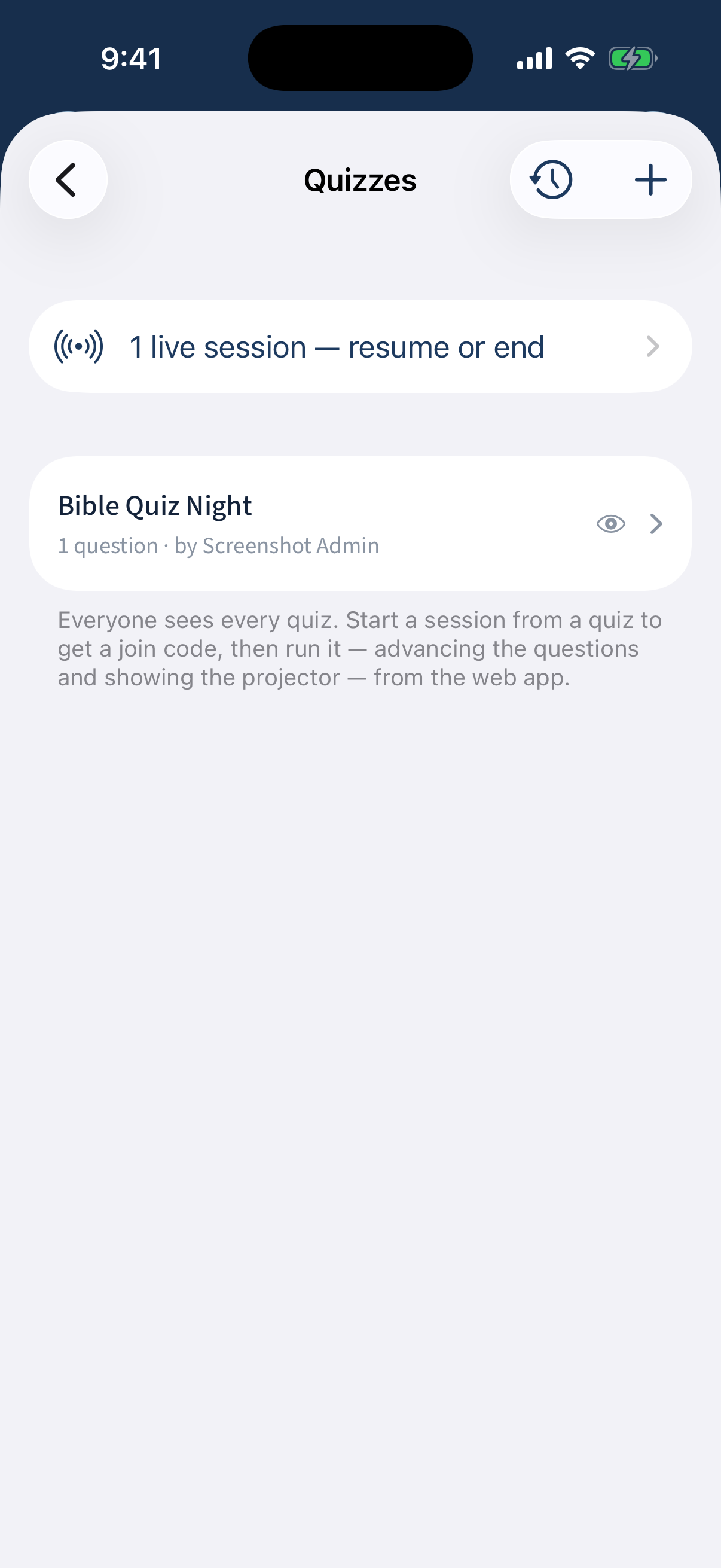 A “1 live session — resume or end” banner on the Quizzes list.