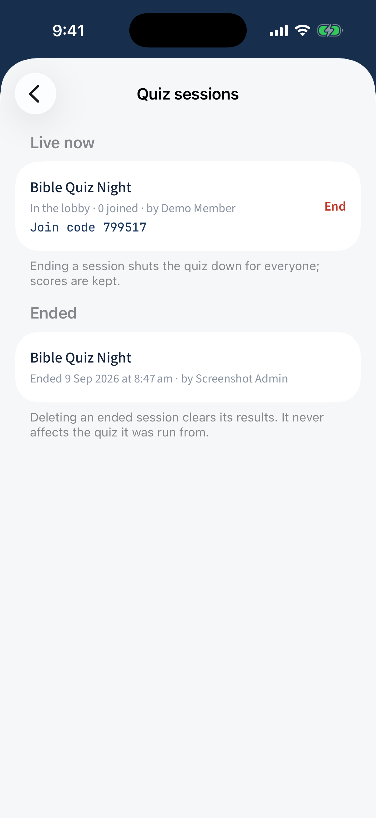 Quiz sessions: Live now (join code, End) and an Ended history.
