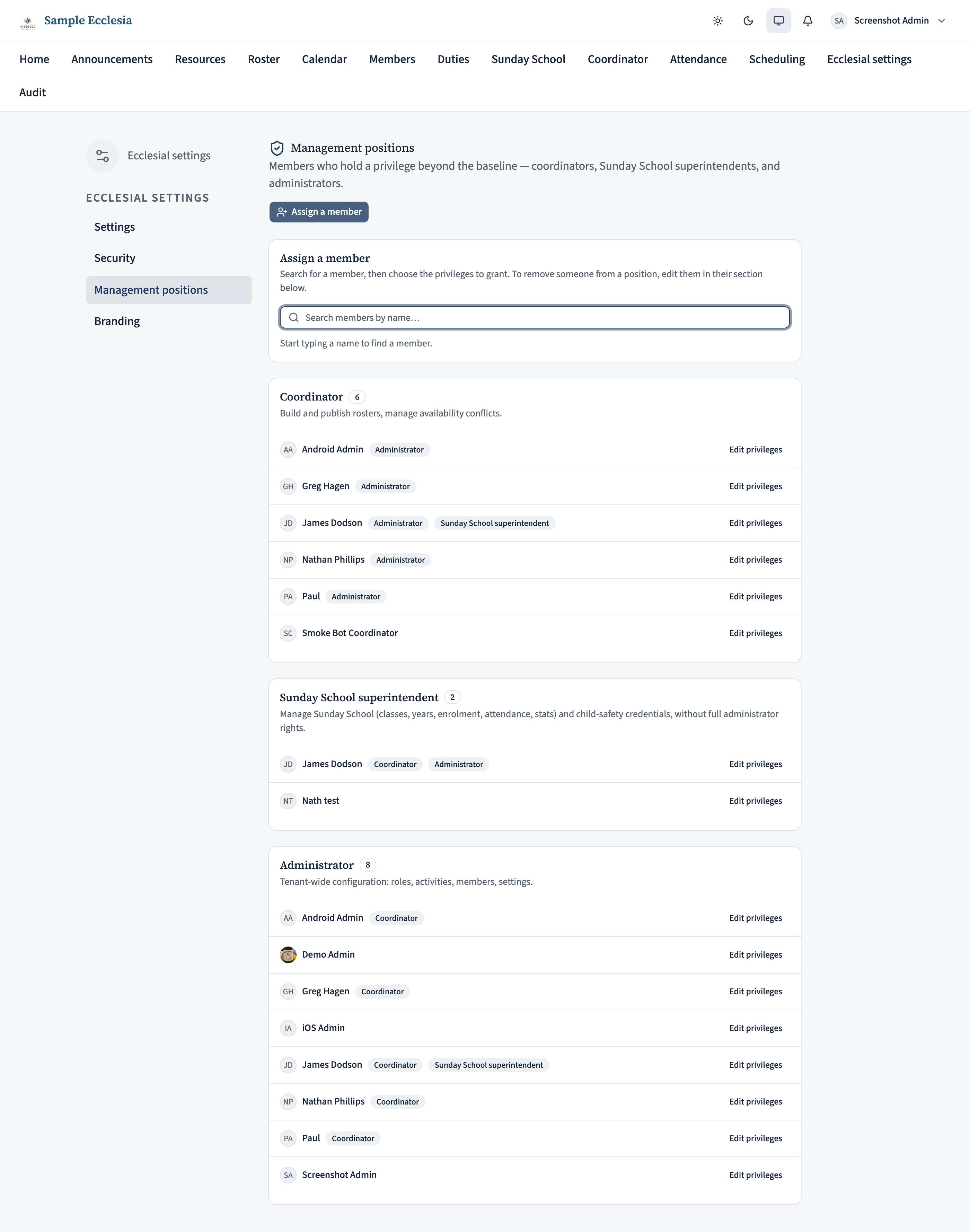 The Assign a member panel with a search box and results, each offering Manage privileges.