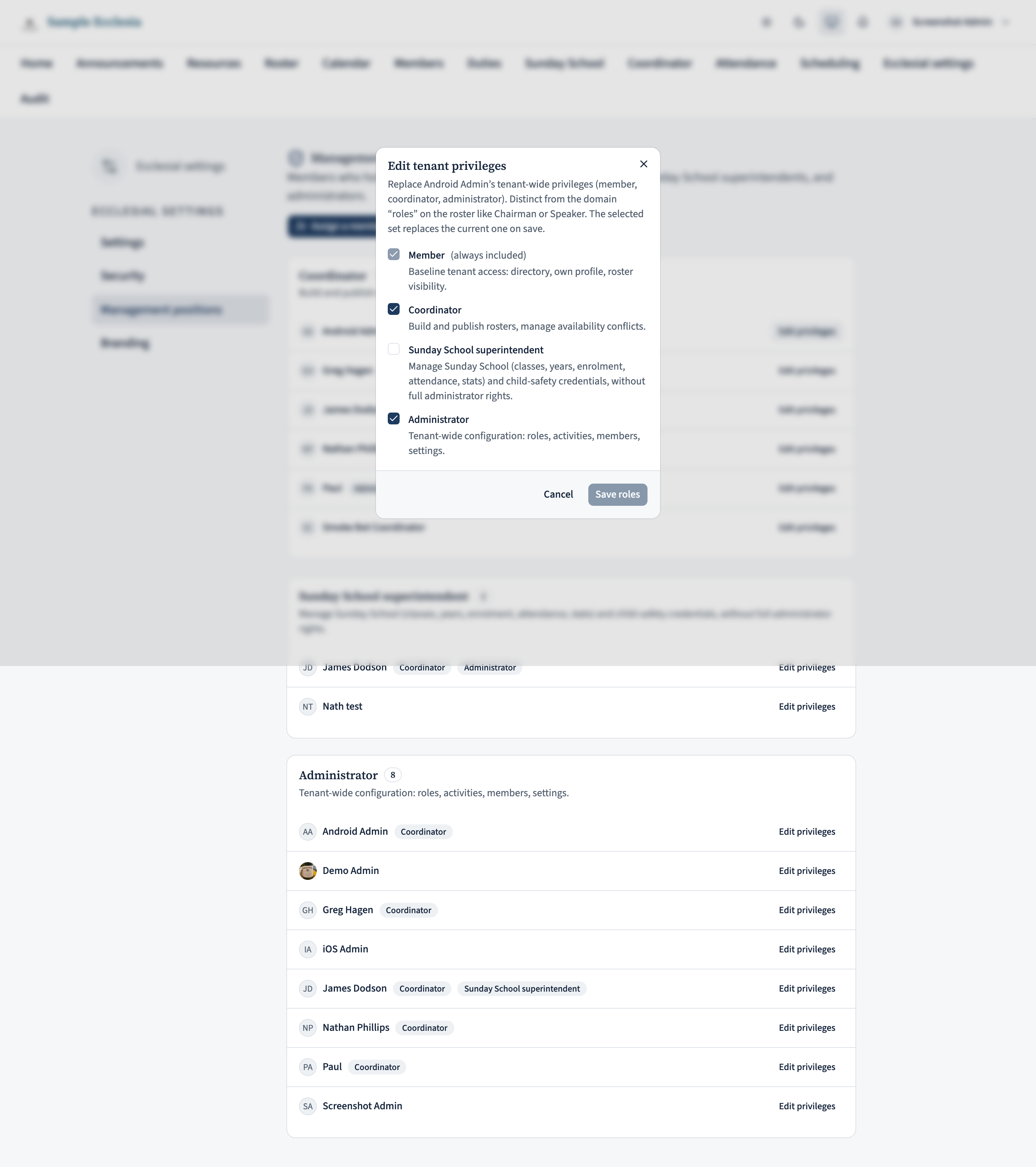 A holder row with an Edit privileges button opening the privilege checkboxes.