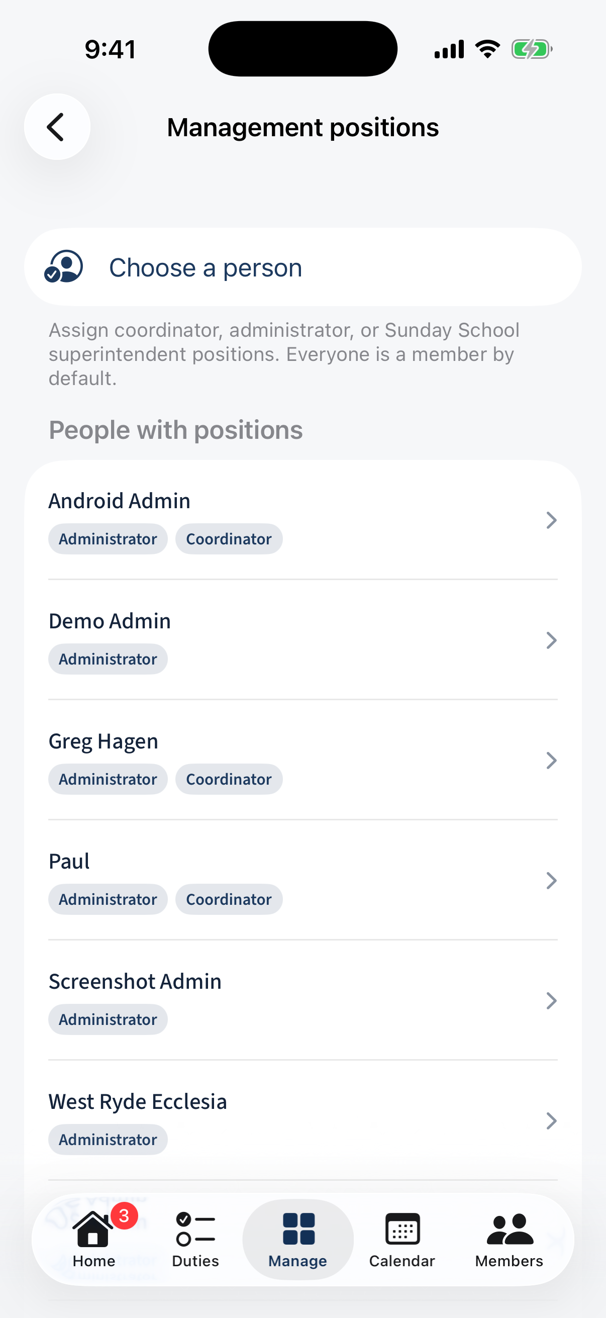 Manage → Management positions: a Choose a person assigner and a People with positions list.