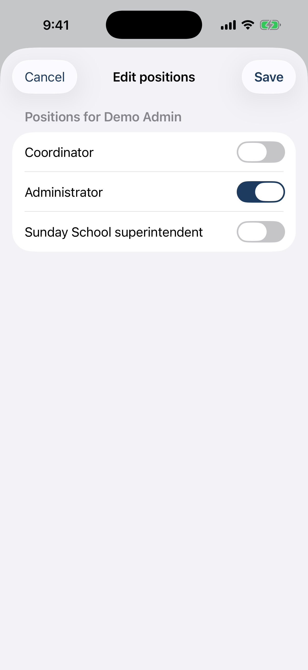 The “Positions for <name>” sheet with Coordinator / Administrator / Sunday School superintendent checkboxes.
