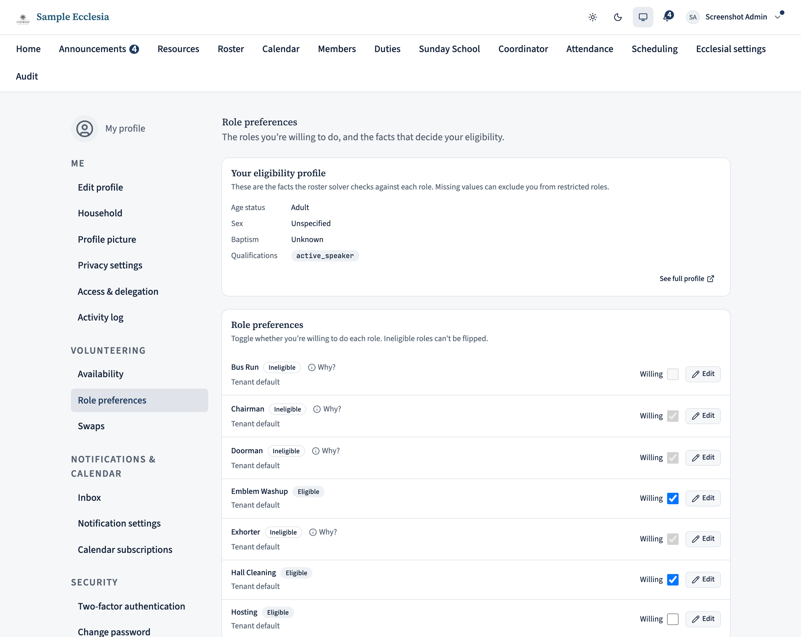 The Role preferences page for a member: a header with 'Your eligibility profile' up top, then a Role preferences card with per-role toggles below.