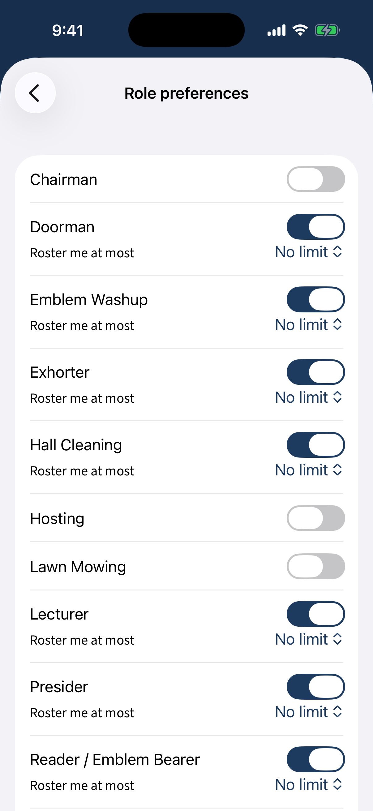 The Role preferences screen: a toggle per role and a “roster me at most N times” cap.