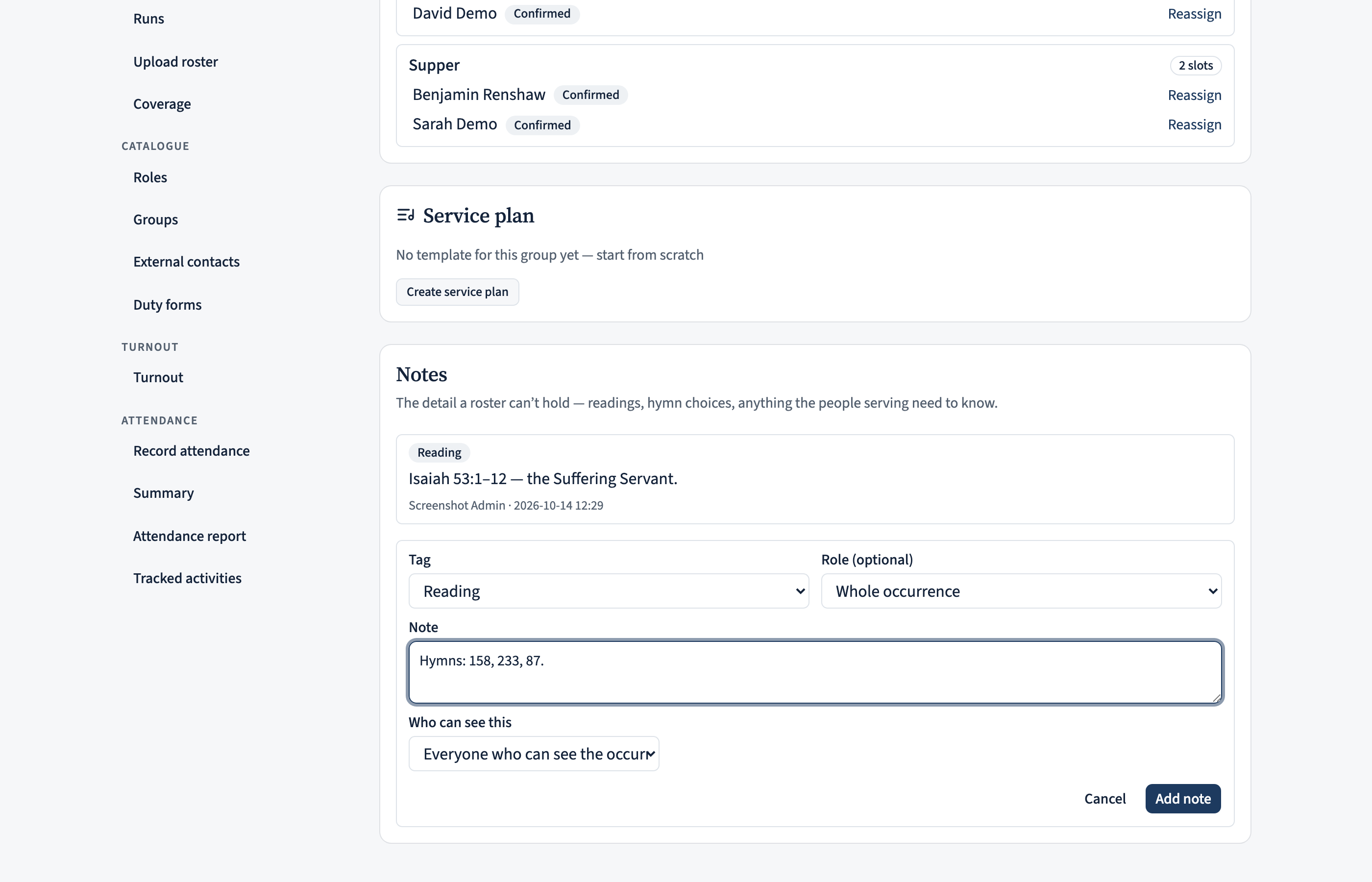 The note composer with a Tag dropdown, an optional Role dropdown, and a text box for the note.