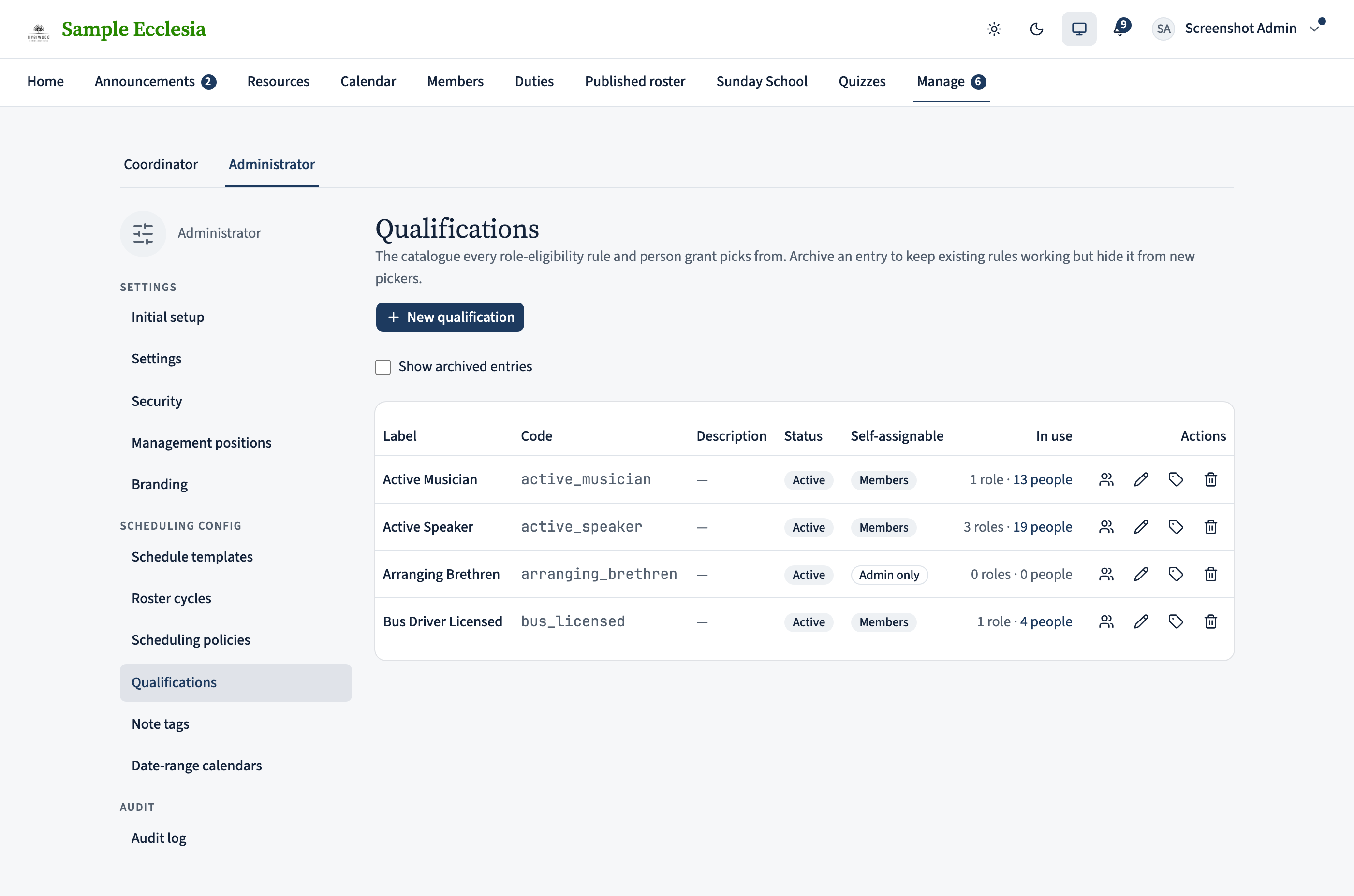 The qualifications catalogue: a list of codes with labels, some marked self-assignable, and counts of the roles and people that reference each.