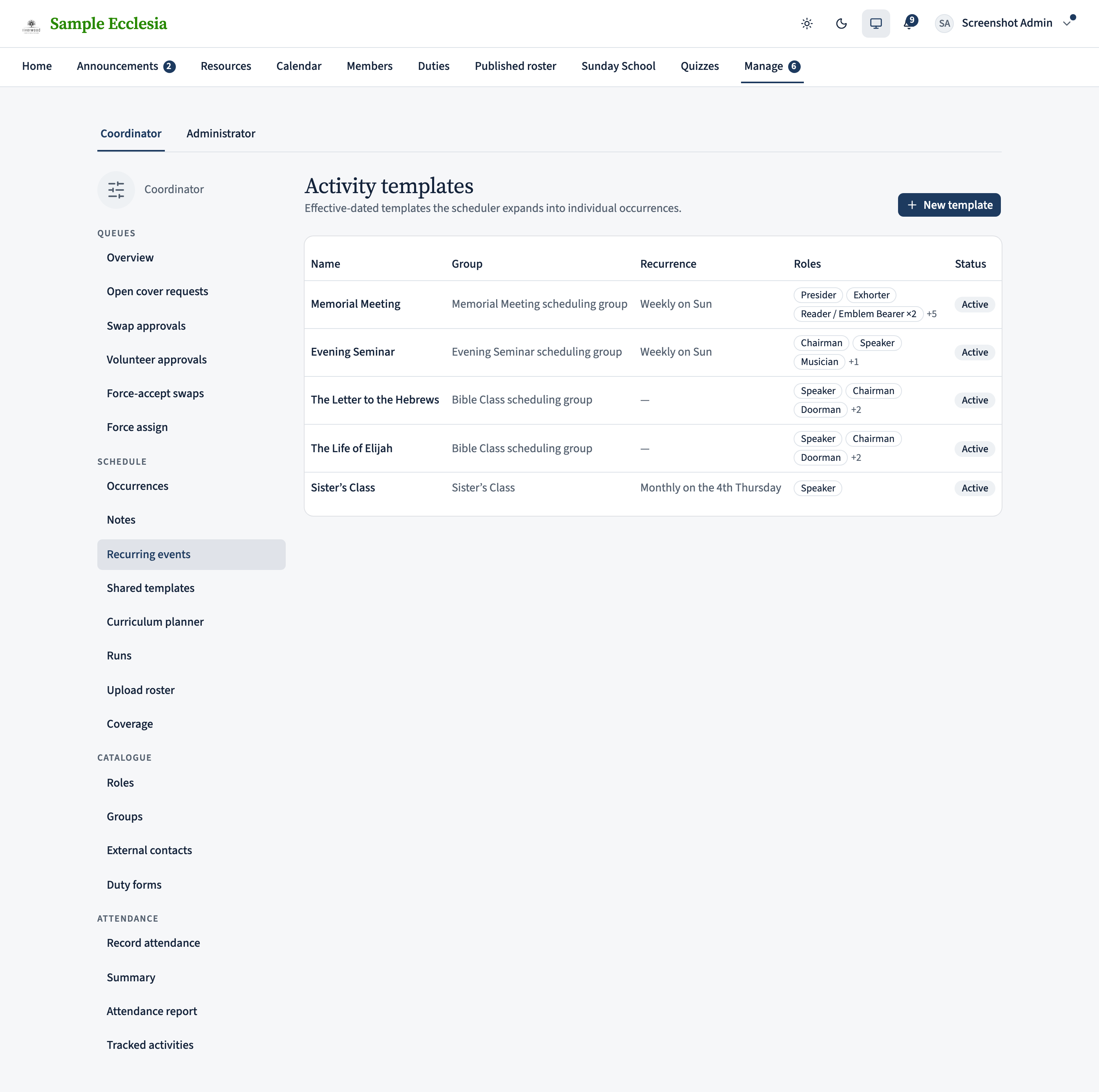 The Recurring events page showing existing events (Memorial Meeting, Evening Seminar) in a list, with a New recurring event button top-right.