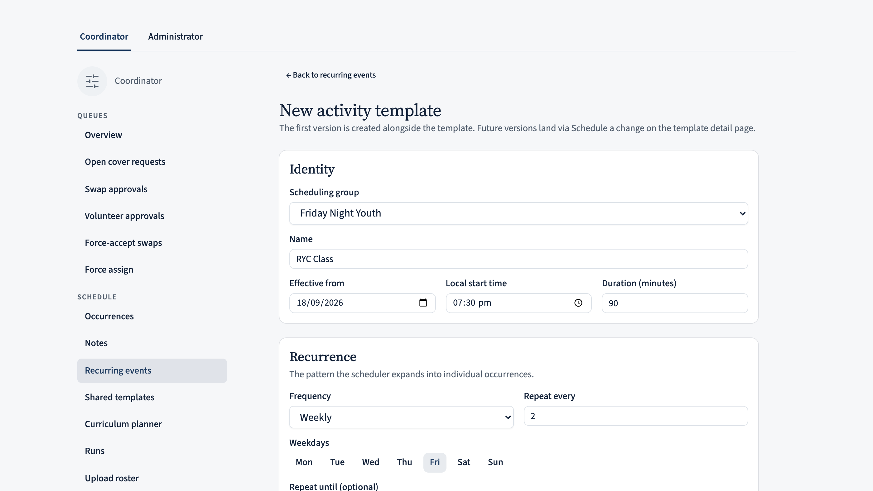 The Recurrence card of the new-template form. Frequency is Weekly, Repeat every is set to 2, and only Friday is toggled on in the weekday picker.