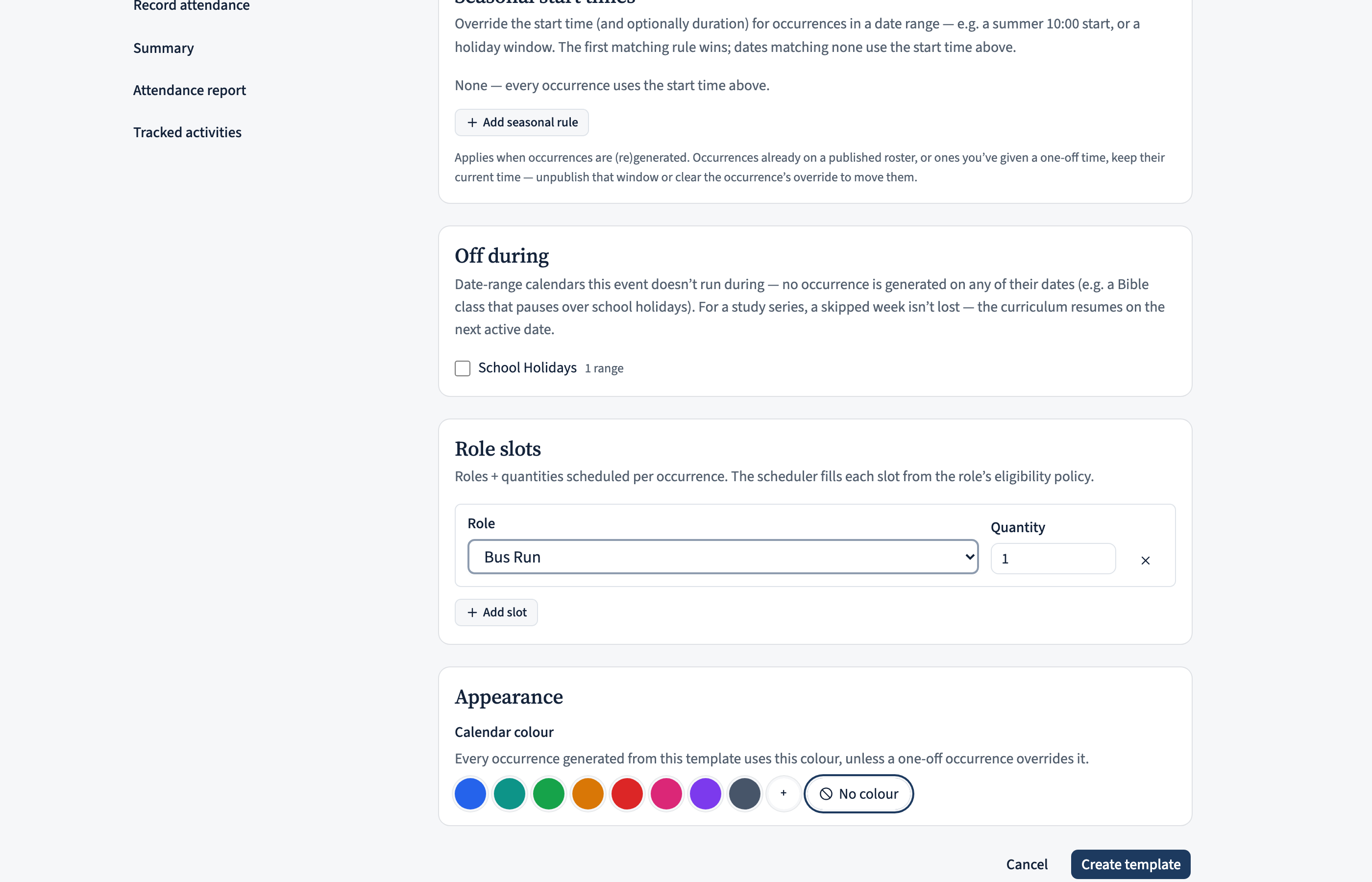 The Role slots card open with one row -- a Role dropdown showing 'Chairman' and Quantity 1 -- plus an 'Add slot' button below to add another role.