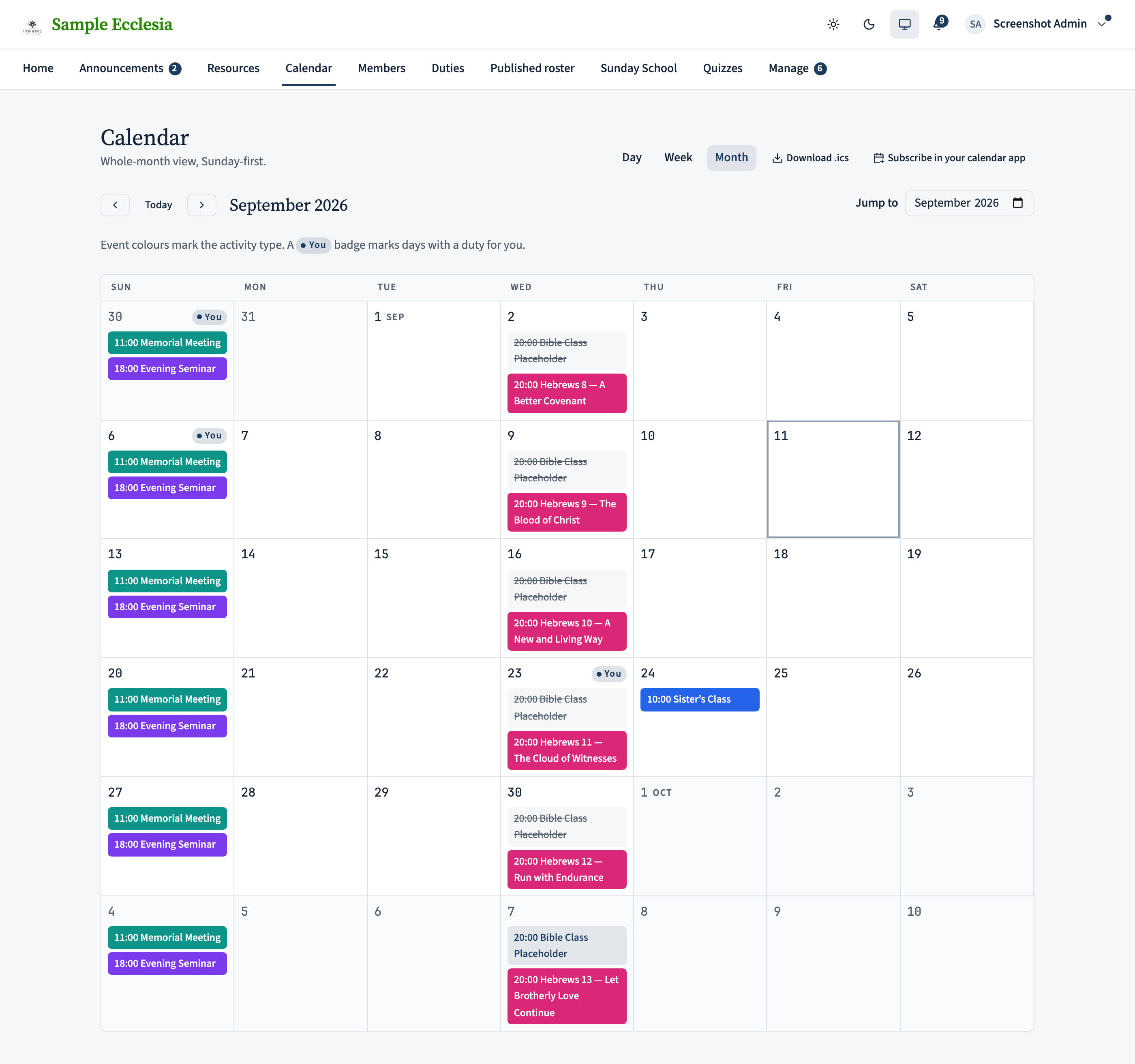 The Calendar page in month view showing existing recurring events (Memorial Meeting on Sundays, Bible Class on Wednesdays), where the new RYC Class occurrences will appear on Fridays after the template is created.