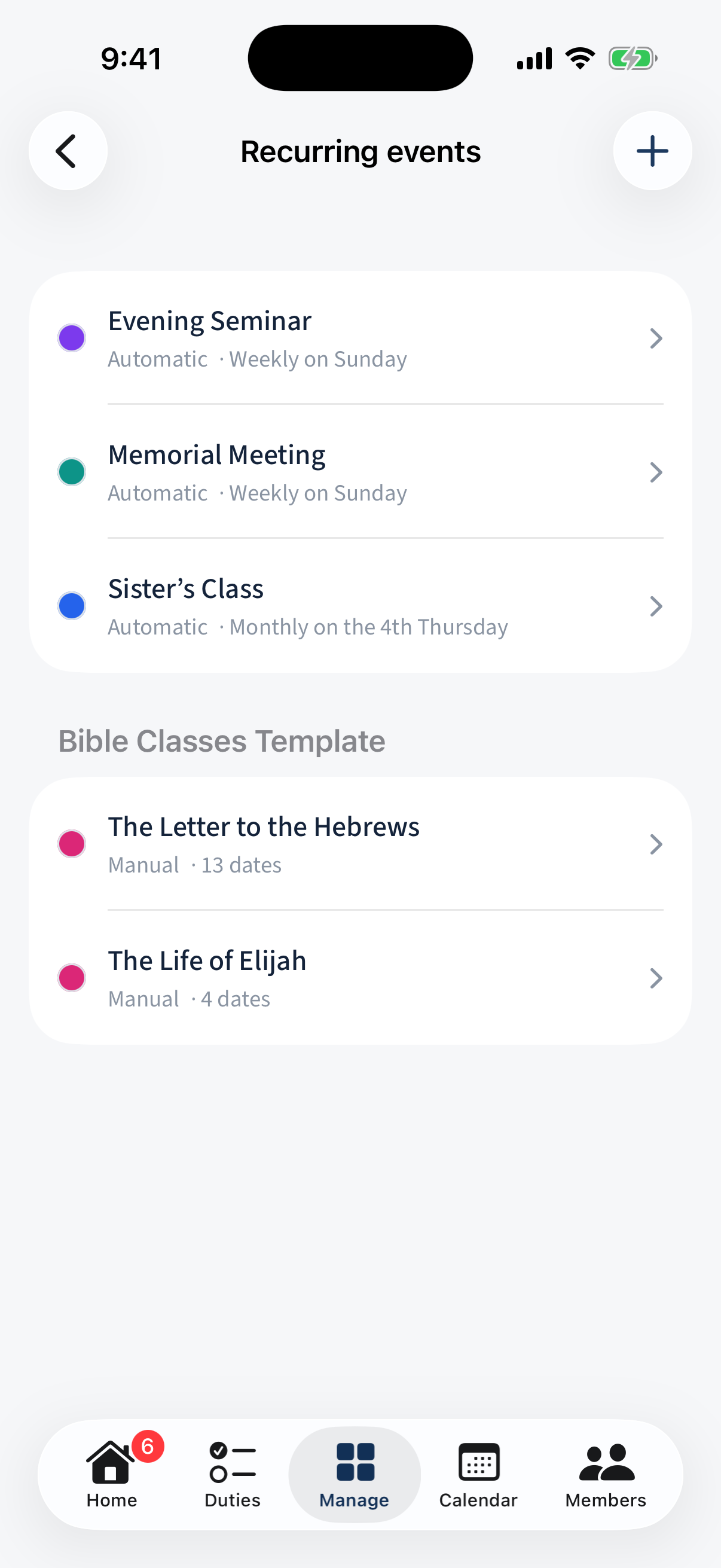 Manage → Recurring events: colour-coded events with their cadence, grouped by template, and a + to add.