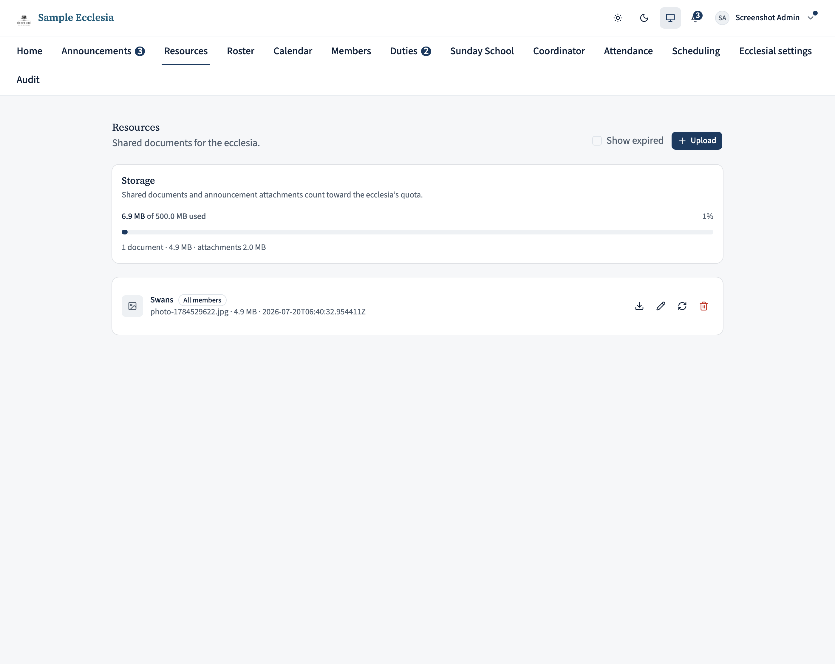 The Resources page listing documents, each with a title, description, file name, size, date, and an audience badge.