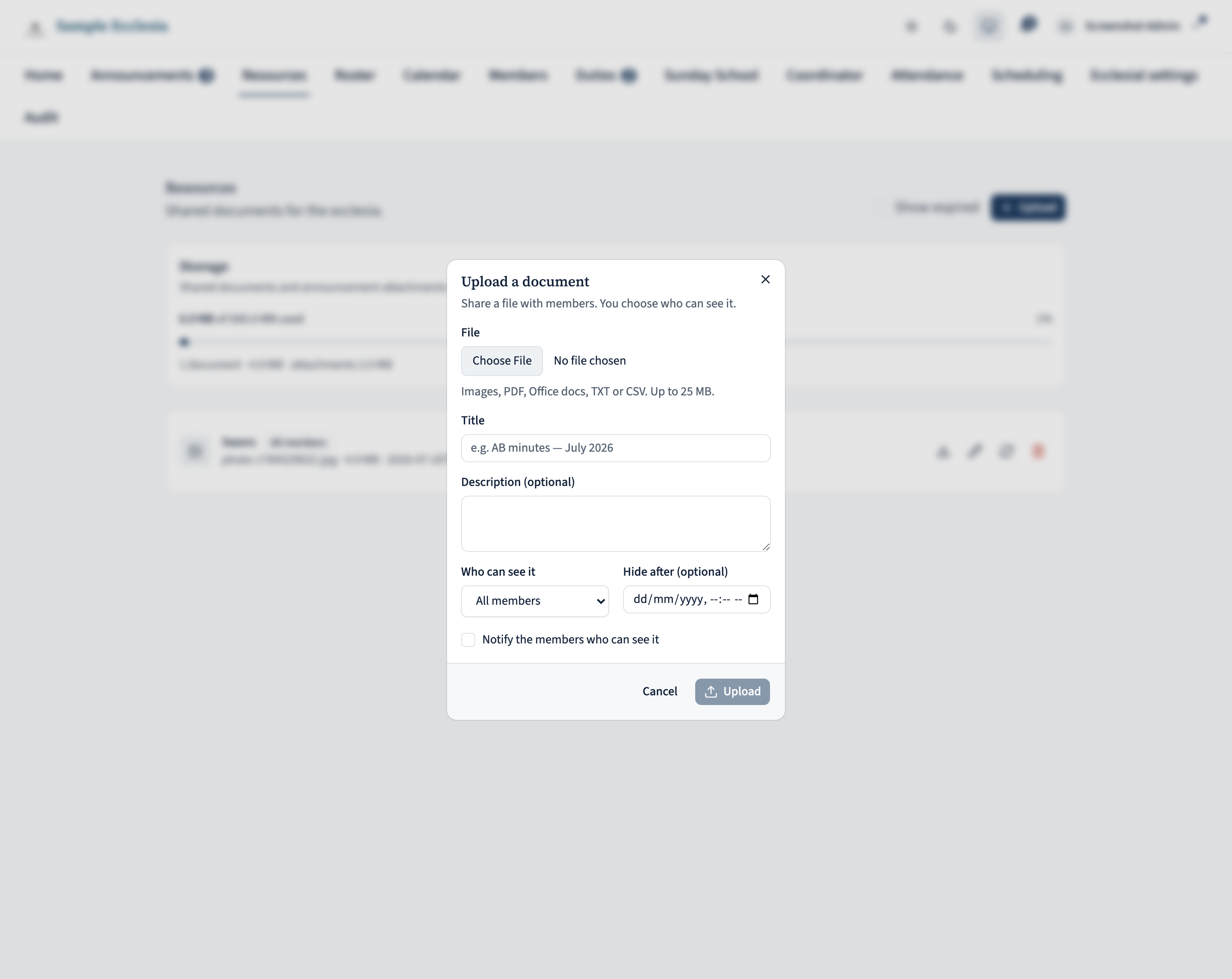 The upload dialog with fields for the file, title, description, audience, an optional hide-after date, and a notify checkbox.